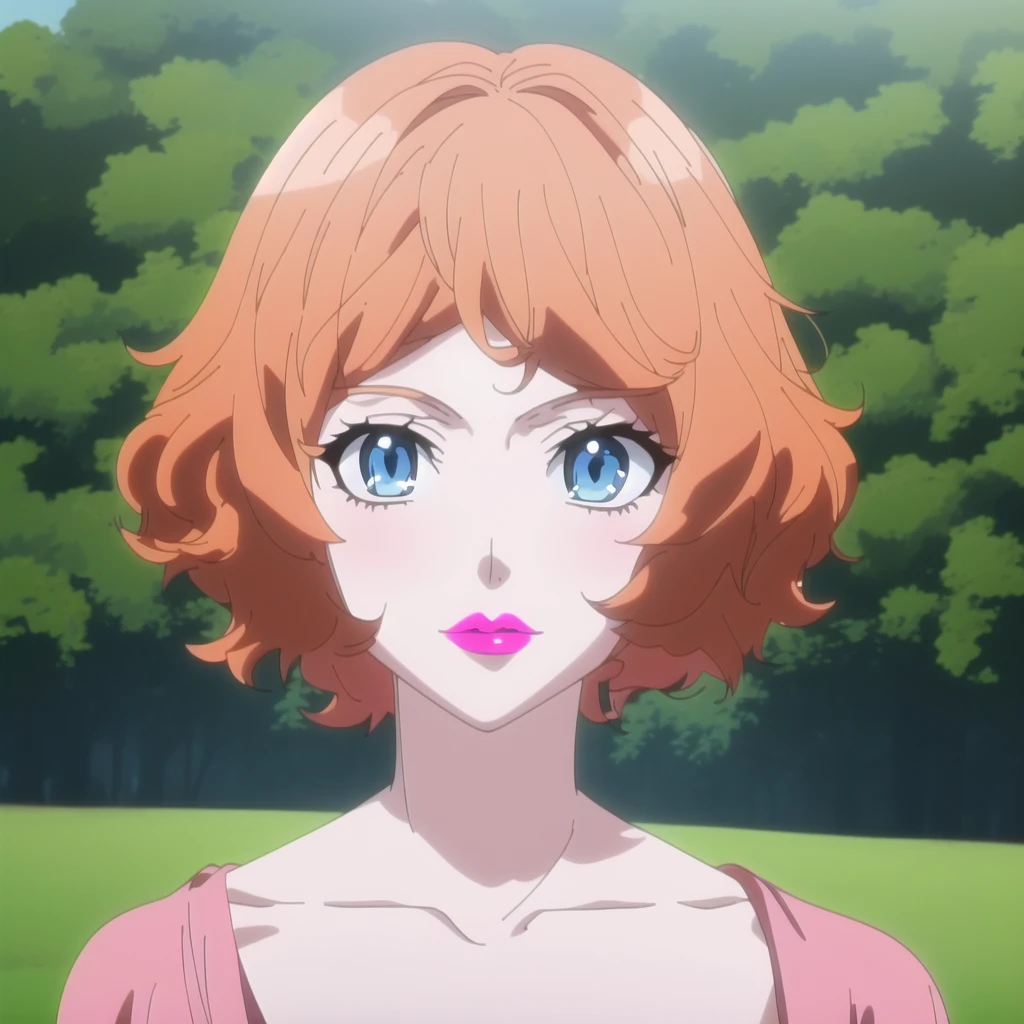masterpiece, best quality, masterpiece, anime screencap, girl,, short hair, orange hair, blue eyes, pink lips, outdoors,