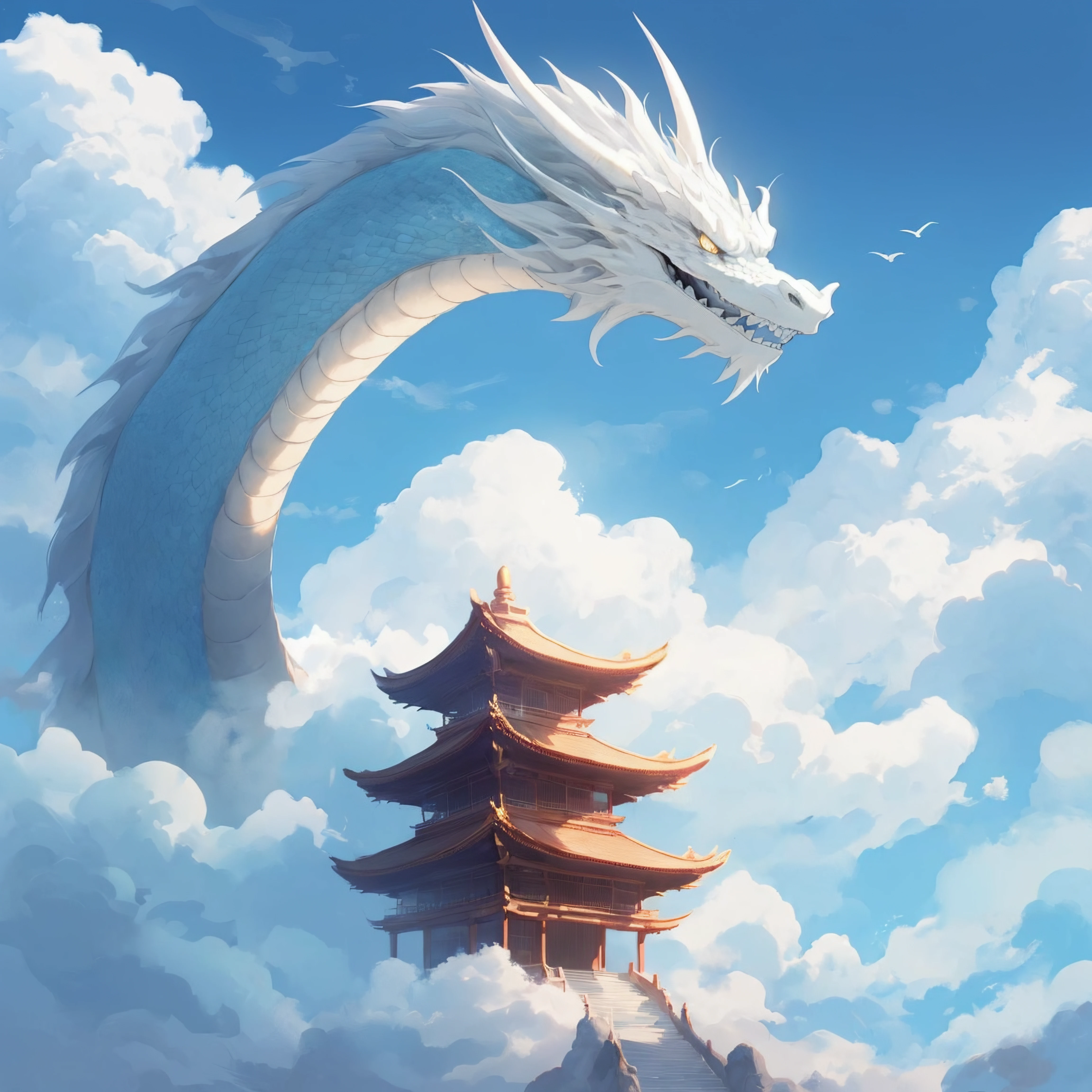 <lora:CloudyDragon:0.5>, blue sky, cloud dragons, cloudy, cloudy sky, cloudydragon, dragon, dragons, eastern dragon, no humans, pagoda, scales, scenery, simple background, sky, solo, teeth