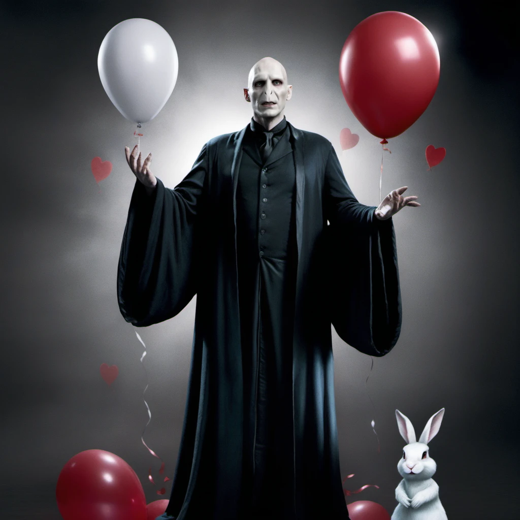 Vordemort, full body, is a dressed as magician with a white rabbit and balloons and cards, on a cabaret stage <lora:Voldemort1024:0.7>