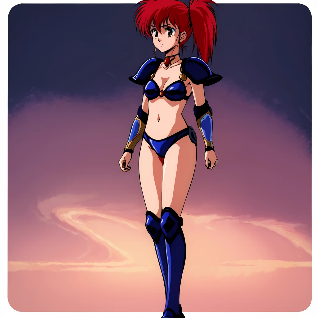 <lora:YohkoAsagiri001:0.7>,
solo,
YohkoAsagiri,1girl,red hair,Side ponytail,brown eyes,
choker,
shoulder armor,bikini_armor,
full body,standing,