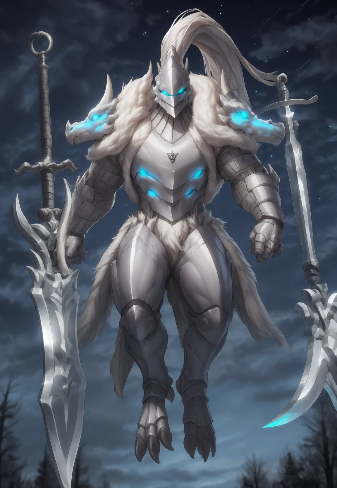 Platinum_Dragon_Lord_Armor, solo, melee weapon, weapon, armor, plate armor, sword, floating weapon, anthro, hi res, knight, clothing, helmet, detailed background, night, energy, starry sky, fromsoftware, mammal, absurd res, glowing, male, midair, white fur, claws, full body, dragon pauldron, front view, by lindong, by null-ghost, <lora:Platinum_Dragon_Lord_Armor:1>