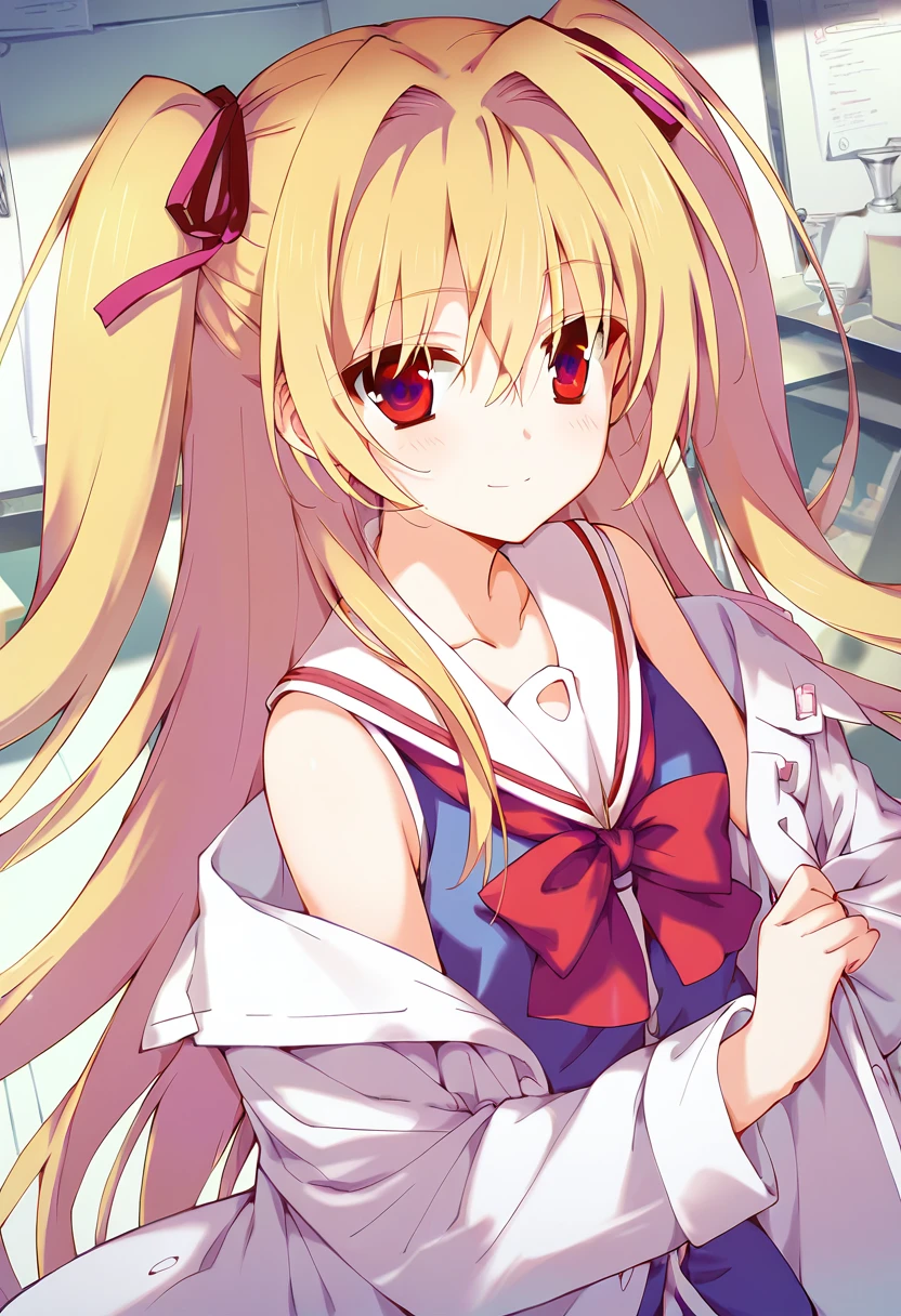 score_9, score_8_up, score_7_up ,best quality, highres, absurdres,1girl,favSK, <lora:favSKPony:0.9>,blonde hair, two side up, red eyes, portrait,school uniform, light smile, bare shoulders, lab coat,