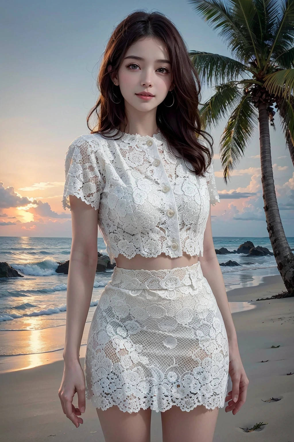 Best quality,  masterpiece,  ultra high res,  (photorealistic:1.4),  (upper body),  raw photo,  (highly detailed:1.3),  full body,  large breasts,  bzroselina,  white shirt,  white skirt,  closed mouth,  light smile,  beach,  sea waves,  coconut trees,  Ultra-detail,  (highres:1.1),  best quality,  (masterpiece:1.3),  cinematic lighting,  (sunset)