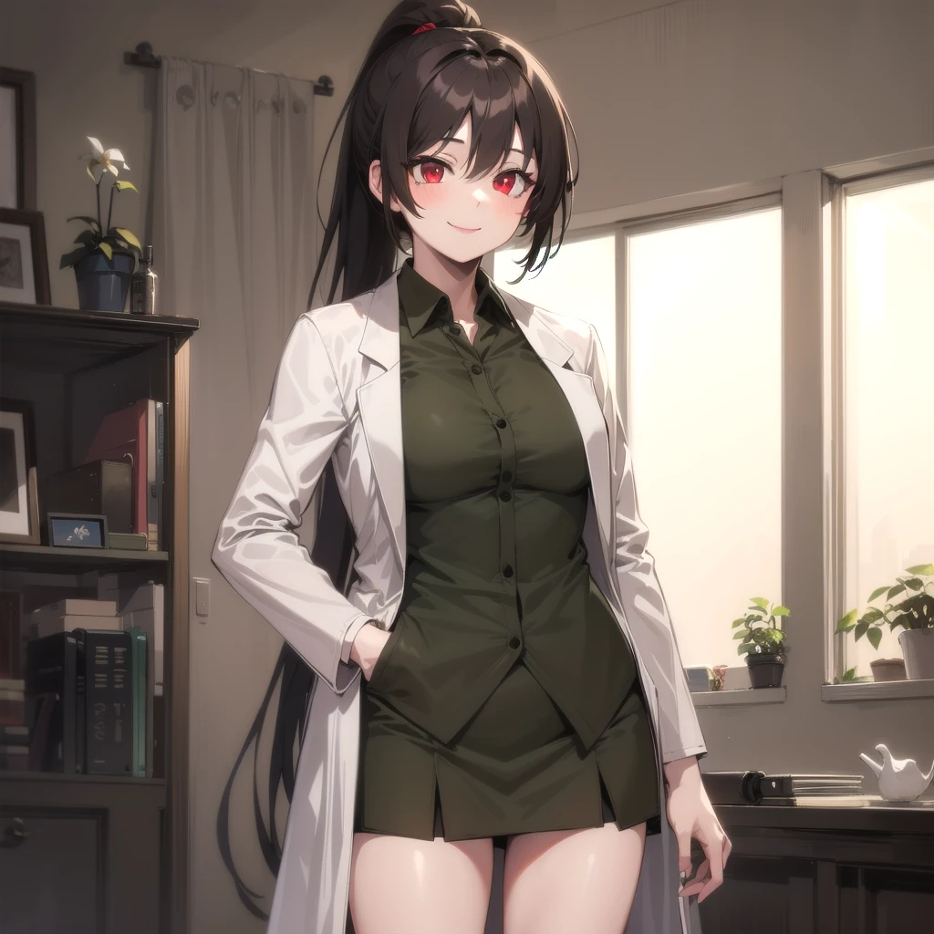 tmasterpiece, Hot lens, ((best qualtiy)), absurderes, Perfect anatomy, Tae Takemi, (Small smile), choker necklace, choker necklace, choker necklace, shift dresses, (:1.3), no-bra, well-defined abdomen, labcoat, standingn, Doctor's office background, Sexy pose with legs open