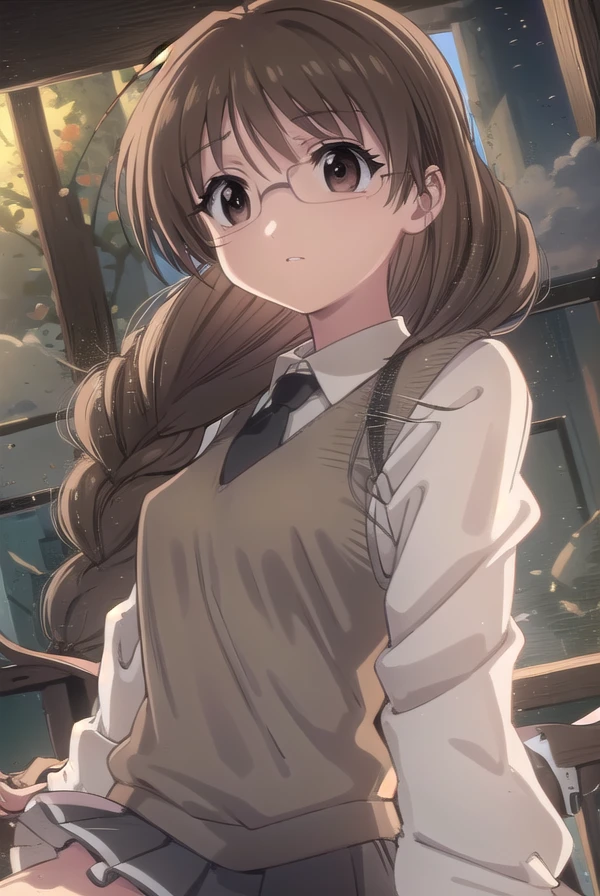 koiuichigusa, <lora:koi ui chigusa s1-lora-nochekaiser:1>,
koi ui chigusa, brown hair, (brown eyes:1.5), glasses, braid, hair braid, single braid, hair over shoulder,
BREAK skirt, school uniform, necktie, sweater vest,
BREAK indoors,
BREAK looking at viewer, (cowboy shot:1.5)
BREAK <lyco:GoodHands-beta2:1>, (masterpiece:1.2), best quality, high resolution, unity 8k wallpaper, (illustration:0.8), (beautiful detailed eyes:1.6), extremely detailed face, perfect lighting, extremely detailed CG, (perfect hands, perfect anatomy),