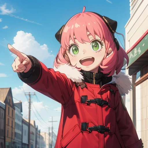 <lora:anyav2:1>,anya \(spy x family\),1girl,dog,green eyes,pink hair,female child,coat,sky,cloud,open mouth,hairpods,smile,fur trim,pointing,outdoors,pointing up,child,day,