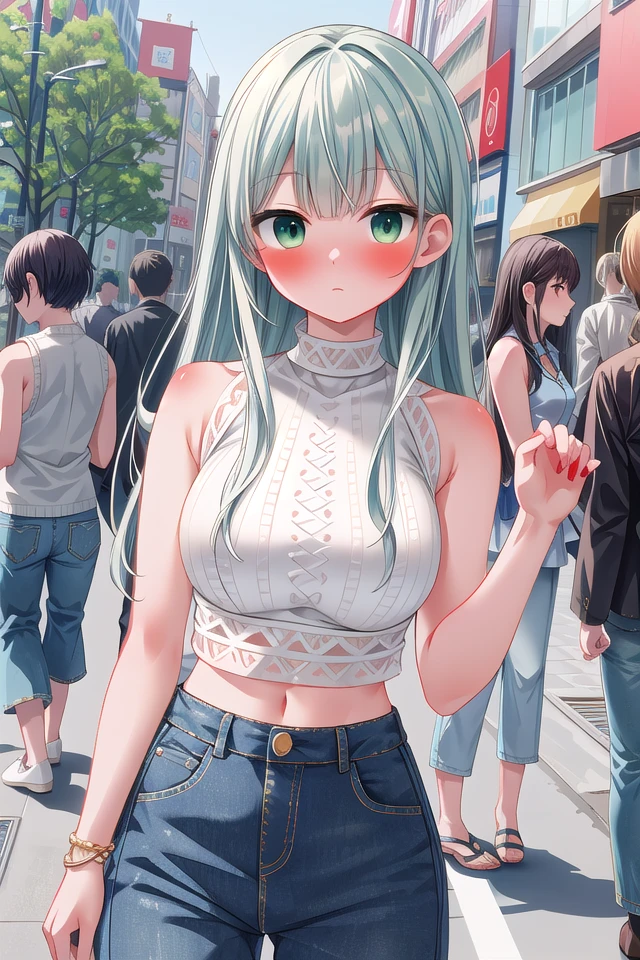 <lora:yudedako_noline_cheek_v100:0.8>
insanely detailed, absurdres, ultra-highres, ultra-detailed, best quality,
1girl, solo, nice hands, perfect hands,
BREAK
(white theme:1.4), (white crochet knit crop top:1.4), (halter neck:1.3),  ((sleeveless, bare shoulders, bare arms):1.3), (white pumps with heels:1.1)
    BREAK
    (denim palazzo pants:1.3), (ankle:1.3), (See-through:-1.5)
, (nsfw:-1.5)
BREAK
embarrassed, shame, ashamed, closed mouth,
cute pose, cowboy shot, looking at viewer
BREAK
slender, kawaii, perfect symmetrical face, ultra cute girl, ultra cute face, ultra detailed eyes, ultra detailed hair, ultra cute, ultra beautiful,
in harajuku, shibuya, tokyo, street, crowd, cityscape
medium large breasts, (cleavage:-1)
BREAK
(green medium hair, green eyes), hair between eyes