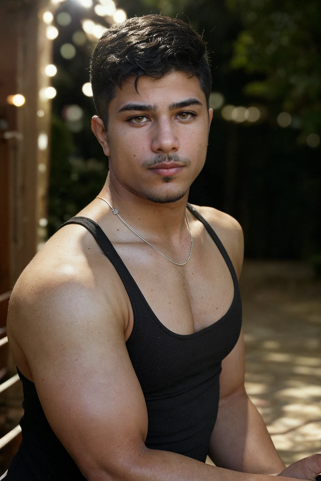 <lora:tiger_tyson_2-21:0.8> tgrtsn, close-up headshot photo of a man wearing a camo tank top, light bokeh, blurred tropical background, chain