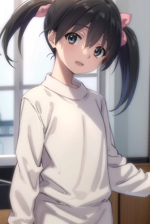 itaruitou, <lora:itaru itou-lora-nochekaiser:1>,
itaru itou, short hair, black hair, bow, ribbon, twintails, hair bow, (black eyes:1.3), short twintails, smile, open mouth,
BREAK long sleeves, sweater,
BREAK indoors,
BREAK looking at viewer, (cowboy shot:1.5),
BREAK <lyco:GoodHands-beta2:1>, (masterpiece:1.2), best quality, high resolution, unity 8k wallpaper, (illustration:0.8), (beautiful detailed eyes:1.6), extremely detailed face, perfect lighting, extremely detailed CG, (perfect hands, perfect anatomy),