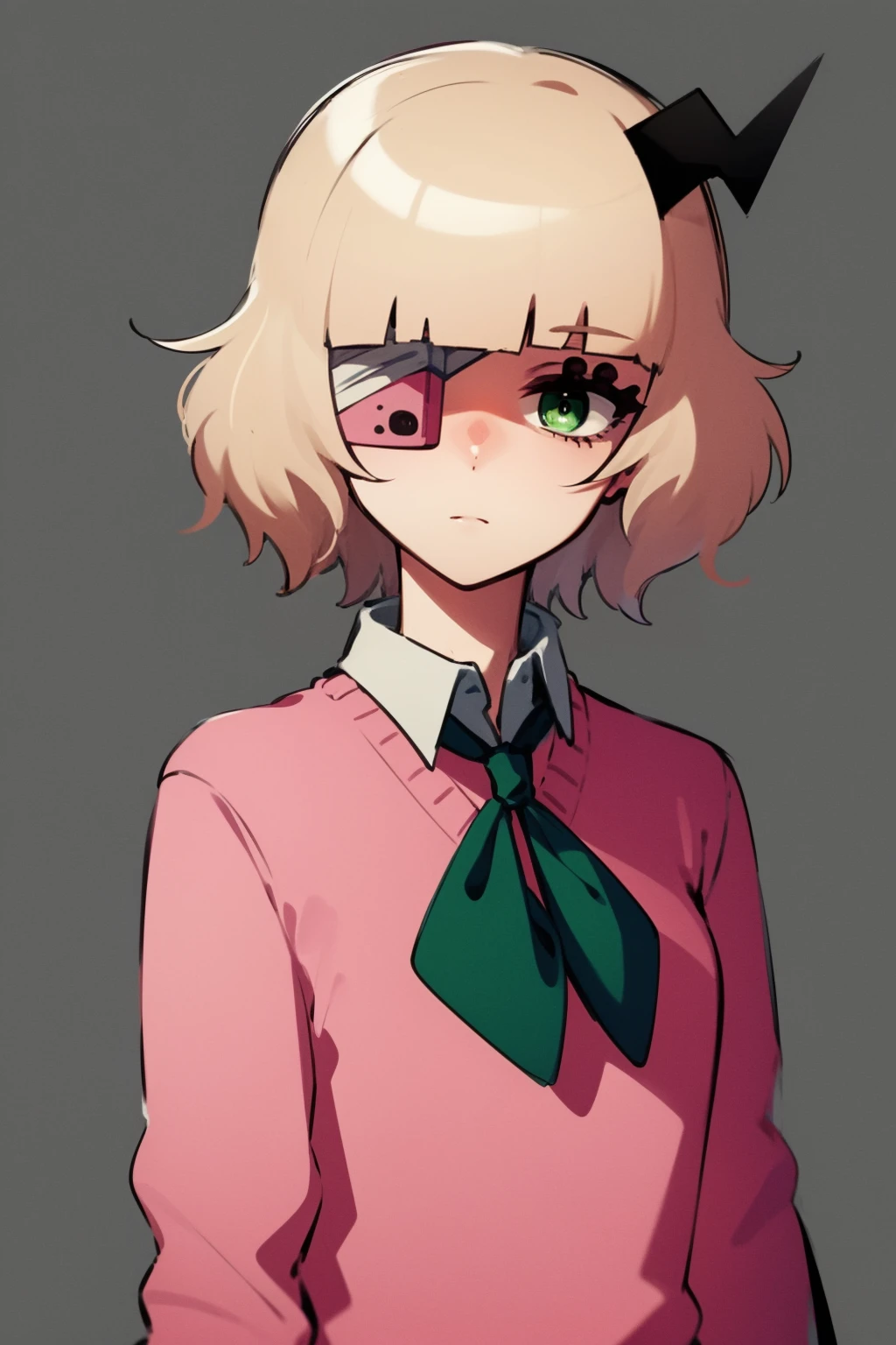 masterpiece, best quality,
1girl, ruruchan, blonde hair, short hair, eyepatch, green eyes, horns, collared shirt, pink sweater, long sleeves, ribbon,
upper body, sketch, solo, looking at viewer, simple background <lora:Ruruchan:1>