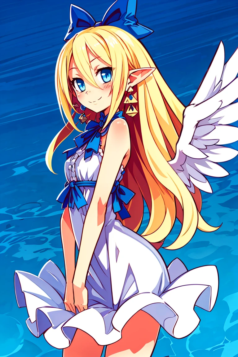 ((masterpiece,best quality)), absurdres, 1girl, solo, blonde hair, long hair, white dress, blue eyes, pointy ears, earrings, jewelry, angel wings, big blue bow, smiling, blush, looking at viewer, cowboy shot,