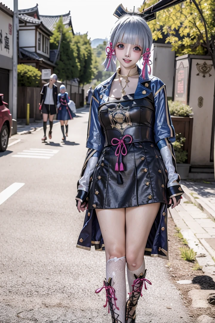 1girl,solo,finger_to_mouth,breasts,looking_at_viewer,cleavage,(heavy makeup:1.2),kamisato ayaka,east asian architecture,(lewd smile:1.2),(lustful:1.2),blue hair,(implied sex:1.2),(hooker:1.2),(full body:1.2),cute,jewelry,gold trim,earrings,(walking:1.4),(street:1.4),<lora:ayaka_r18_realistic>,