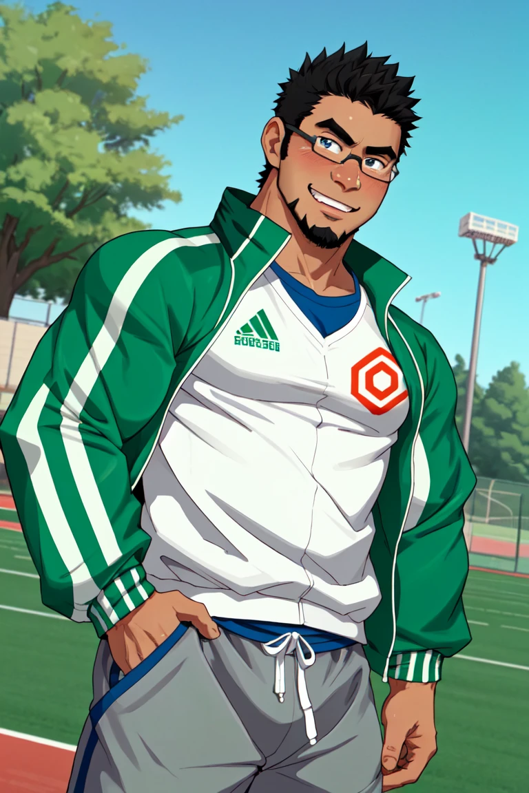 (1 image only),  solo male,  bara,  Kyoichi Ootomo,  Live A Hero,  Asain,  Japanese,  athlete,  PE teacher,  short hair,  black hair,  green streaked hair,  sideburns,  black eyes,  facial hair,  goatee,  (wore glasses),  tan skin,  white bandaid on nose,  white t-shirt,  ((pure green athletic jacket,  open jacket)),  grey shorts,  sneakers,  smile,  blush,  mature,  handsome,  charming,  alluring,  standing,  upper body,  perfect anatomy,  perfect proportions,  (best quality,  masterpiece),  (perfect eyes,  perfect eye pupil),  perfect hands,  high_resolution,  dutch angle,  school sports ground, (1man), best quality,<lora:EMS-295219-EMS:0.600000>