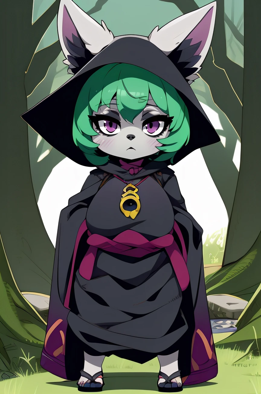 Vex, 1girl, solo, green hair, yordle, animal ears, bangs, black hood, short hair, pink eyes, grey skin, colored skin, shiny, ears through headwear, very long sleeves, furry, huge breasts, outdoors, magical forest background, looking at viewer, standing, (black cloak), sleeves past fingers, oversized clothes, purple baggy pants, toeless sandals, YukkeStyle