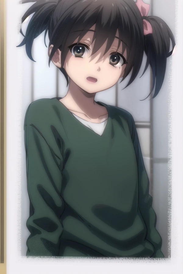 itaruitou, <lora:itaru itou-lora-nochekaiser:1>,
itaru itou, short hair, black hair, bow, ribbon, twintails, hair bow, (black eyes:1.3), short twintails, smile, open mouth,
BREAK long sleeves, sweater,
BREAK indoors,
BREAK looking at viewer, (cowboy shot:1.5),
BREAK <lyco:GoodHands-beta2:1>, (masterpiece:1.2), best quality, high resolution, unity 8k wallpaper, (illustration:0.8), (beautiful detailed eyes:1.6), extremely detailed face, perfect lighting, extremely detailed CG, (perfect hands, perfect anatomy),