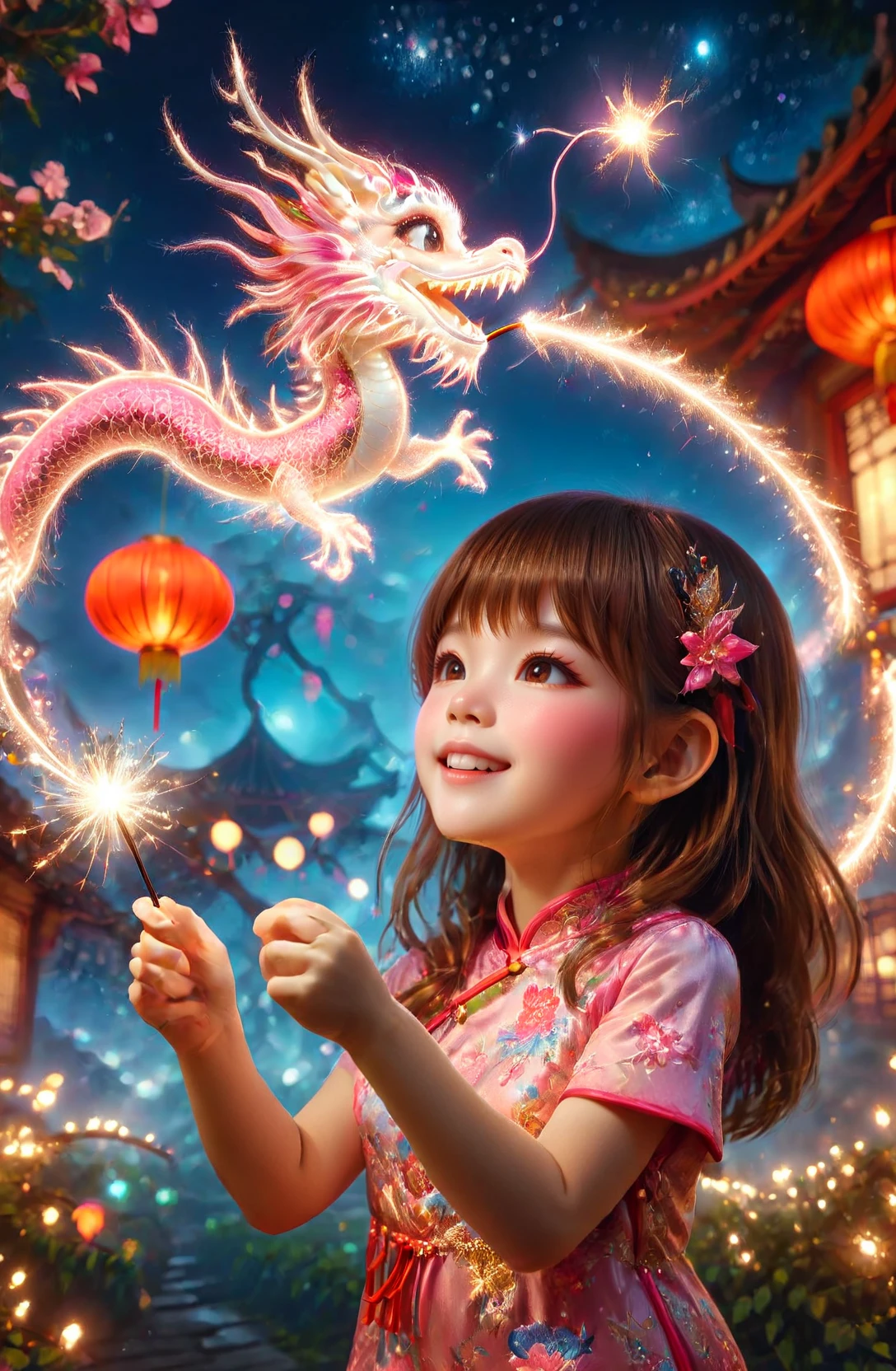 amazing quality, masterpiece, best quality, hyper detailed, ultra detailed, UHD, DOF, depth of field, HDR, perfect anatomy
solo, cute, kawaii, brown hair, joyfully plays with fairy wand, waving it in the air, red lantern, wearing pink cheongsam, milky way,
a small cfc-spark-dragon above the fairy wand, translucent, dazzling, shine, sparking, trajectory of sparks,
<lora:cfc-spark-dragon-000006:0.75>,
<lora:ral-lnrnwyr-sdxl:0.5>, ral-lnrnwyr,
<lora:add-detail-xl:0.75>,
<lora:extremely_detailed:0.75>, extremely detailed,
<lora:EnvyBetterHiresFixXL01:1.0>,
<lora:DonM3t3rn1tyXL-v1.1-000008:0.7>, DonM3t3rn1tyXL,
<lora:zavy-chnsdrgn-sdxl:0.5>, zavy-chnsdrgn,
SK_Fantasy,