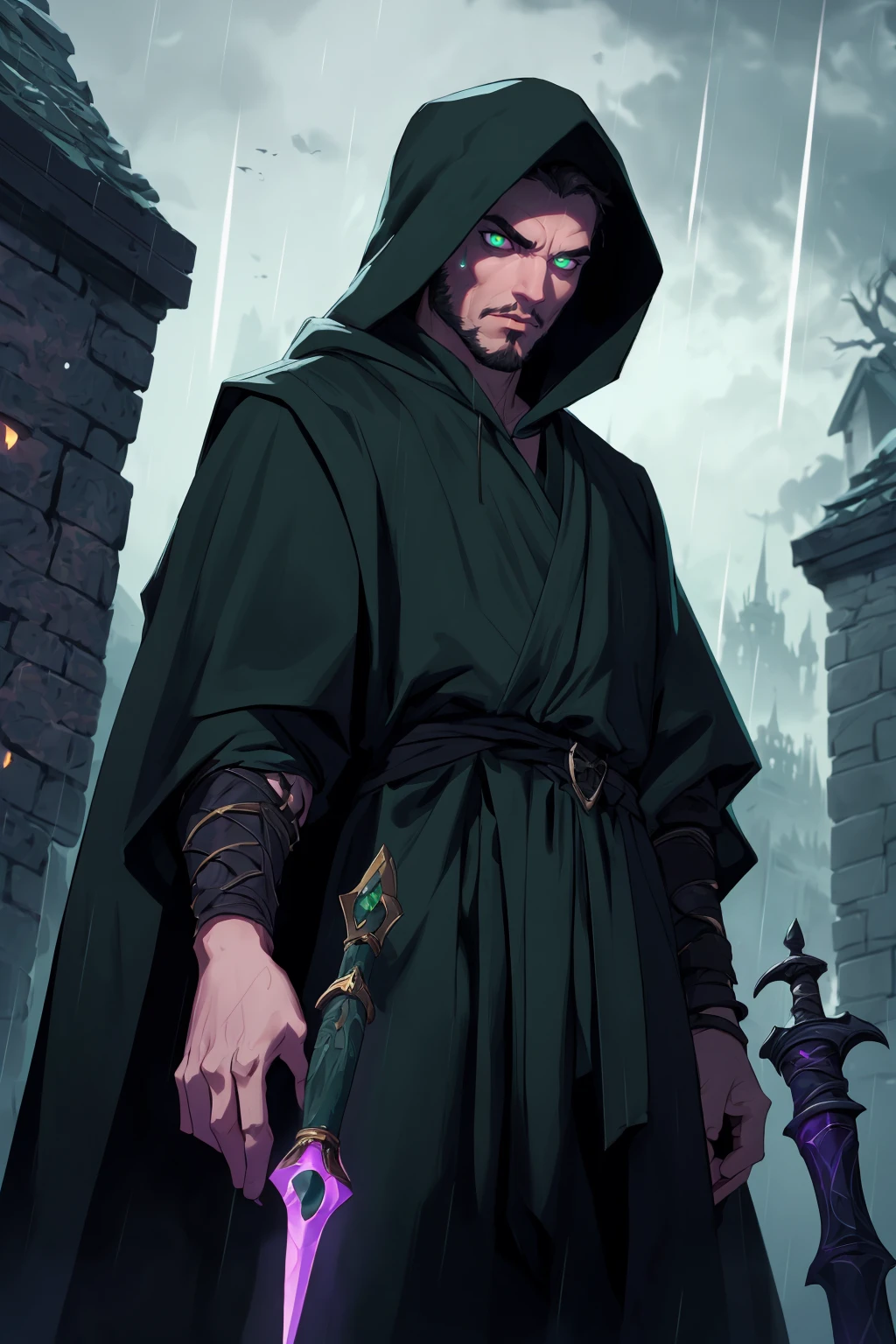 (best quality, masterpiece, detailed, absurdres:1.1), dynamic background, shallow dof, bokeh, (fantasy, dungeons and dragons), dark colors, ominous setting,, ruined tower, a handsome man, necromancer, black hooded robes, black baggy pants, glowing green eyes, rain, thunder, using magic, purple magic, dagger