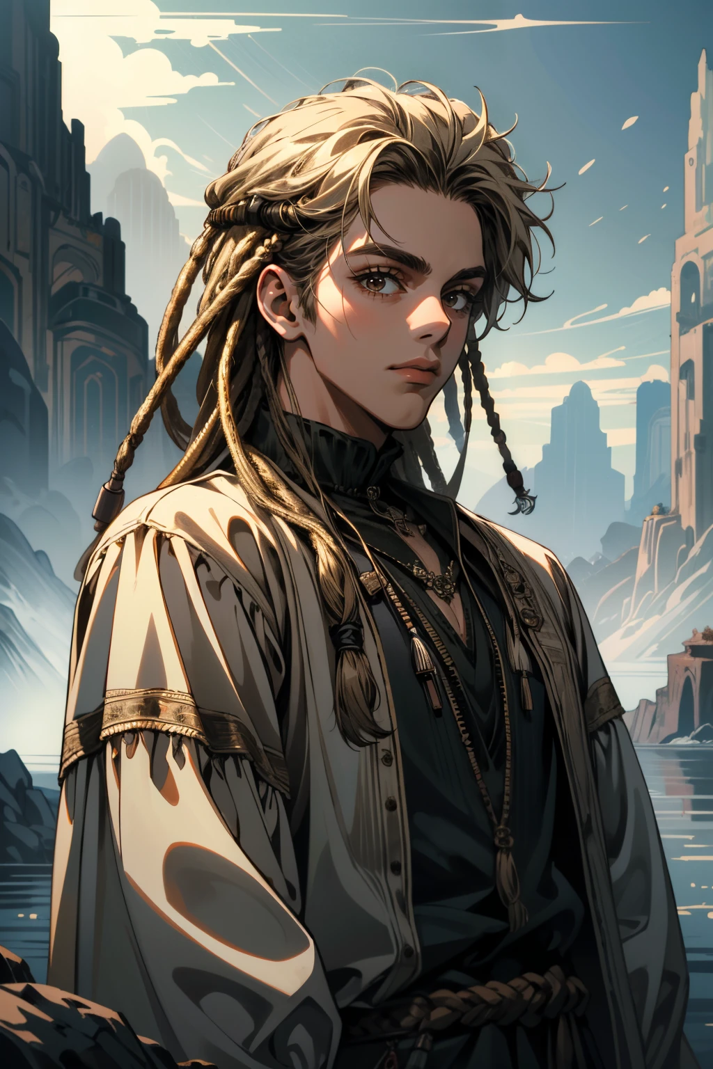 ((ultra detailed, masterpiece, absurdres))
<lora:AvSpider:0.8>
AvSpider, 1boy, blonde hair, brown eyes, dreadlocks, Surreal Fantasy Landscape