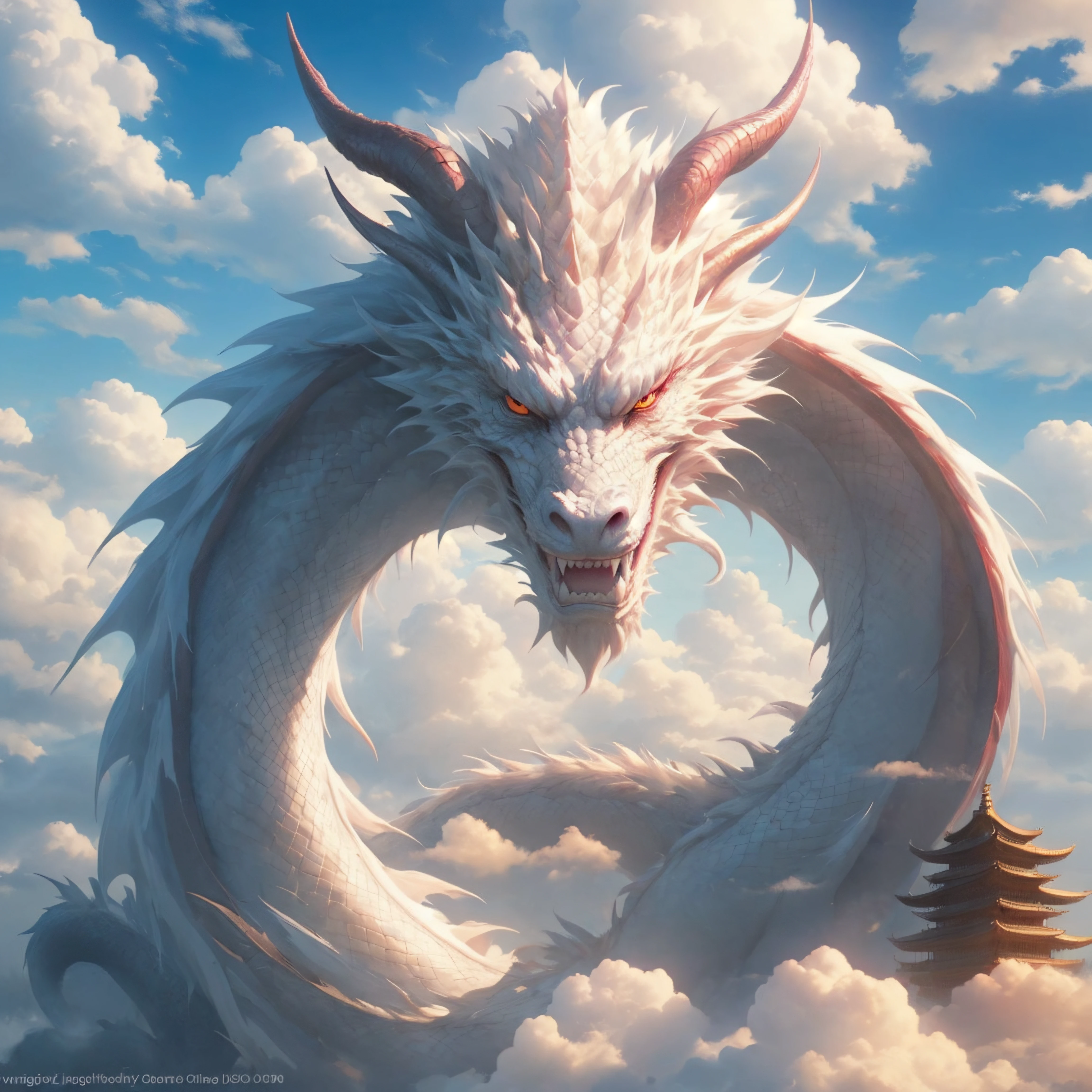 <lora:CloudyDragon:0.5>, artist name, claws, cloud, cloud dragons, cloudy, cloudy sky, cloudydragon, day, dragon, dragons, fangs, horns, no humans, outdoors, pagoda, red eyes, sky, solo, watermark, yellow eyes