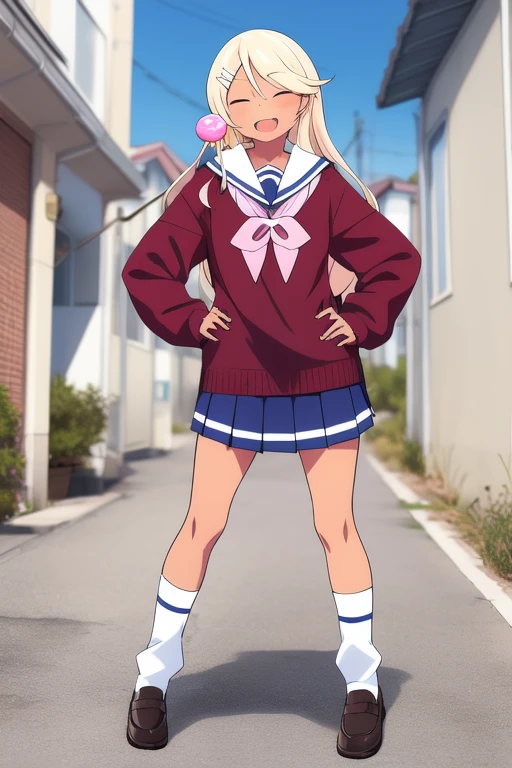 <lora:Tanaka_Ryouko:1>, TanakaRyouko, 1girl, gyaru, school uniform, solo, closed eyes, loose socks, lollipop, food, skirt, candy, kogal, hair ornament, socks, open mouth, smile, dark-skinned female, hand on hip, sweater, serafuku, shoes, pleated skirt,
masterpiece, high quality, very_high_resolution, large_filesize, full color,