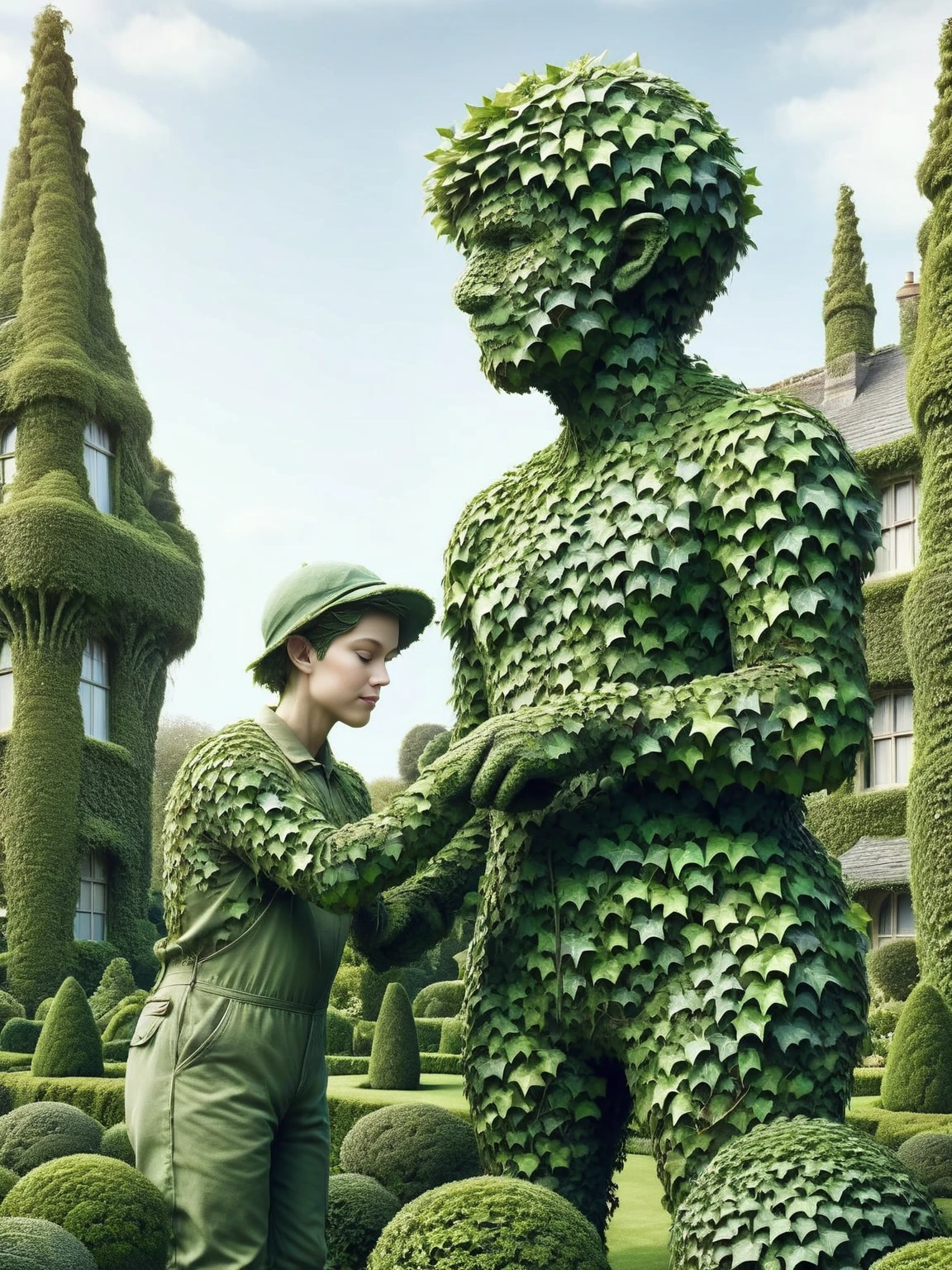 An ais-ivy gardener tending to a meticulously sculpted ais-ivy hedge within a whimsical topiary garden. <lora:ais-ivy-sdxl:1>