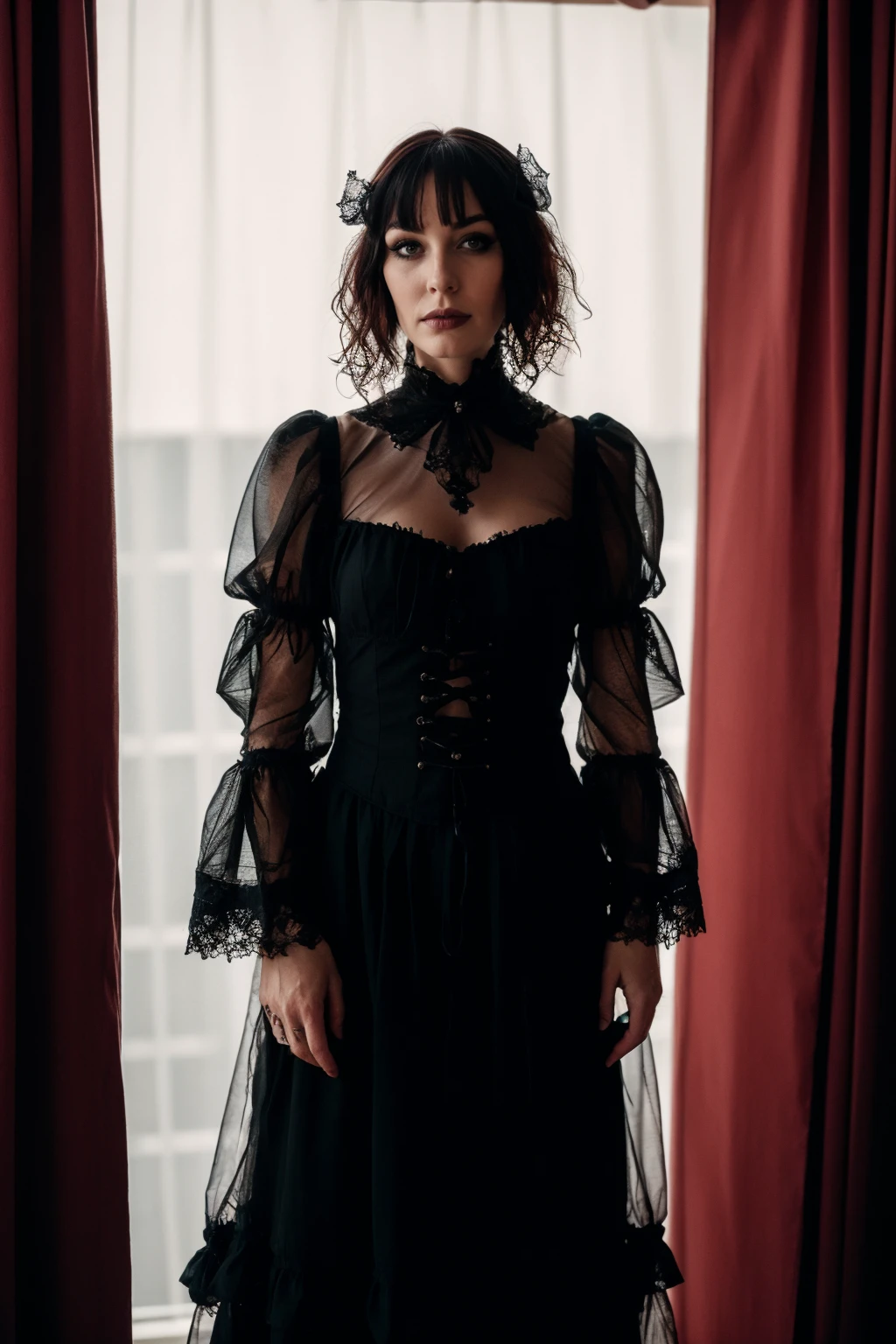 portrait photo of a woman, behind transparent curtains , gothic <lora:G0thG1rl_sd15_style_v3:0.65> g0thg1rl