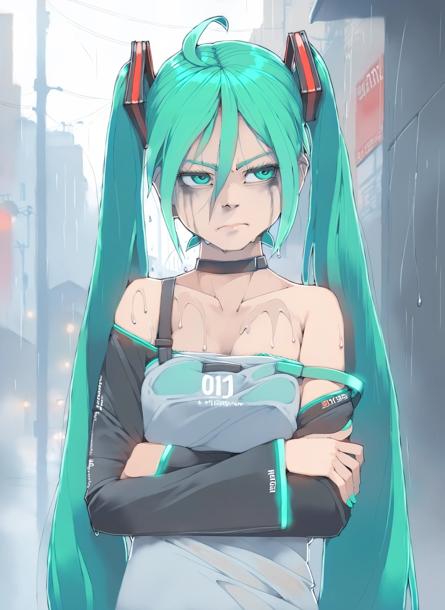 score_9, score_8_up, score_7_up, score_6_up, akinbo_style BREAK
1girl, solo, frown, hatsune miku, hair ornament, aqua eyes, strap slip, off shoulder, ahoge, black choker, frown, half-closed eyes, outdoors, street, rain, gray sky, black shirt, long sleeves, very long hair, twintails, messy hair, wet hair, crossed arms, runny makeup
<lora:akinbo_pdxl6:1>