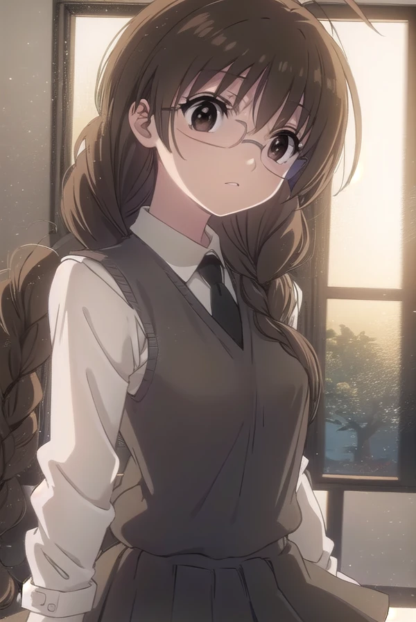 koiuichigusa, <lora:koi ui chigusa s1-lora-nochekaiser:1>,
koi ui chigusa, brown hair, (brown eyes:1.5), glasses, braid, hair braid, single braid, hair over shoulder,
BREAK skirt, school uniform, necktie, sweater vest,
BREAK indoors,
BREAK looking at viewer, (cowboy shot:1.5)
BREAK <lyco:GoodHands-beta2:1>, (masterpiece:1.2), best quality, high resolution, unity 8k wallpaper, (illustration:0.8), (beautiful detailed eyes:1.6), extremely detailed face, perfect lighting, extremely detailed CG, (perfect hands, perfect anatomy),