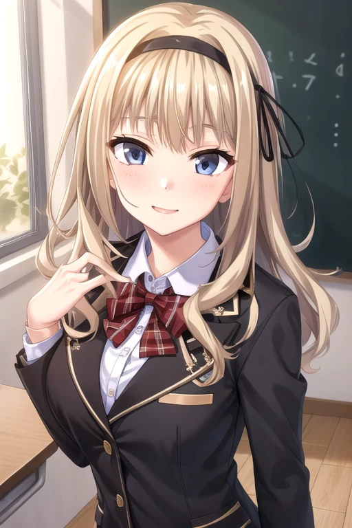 ((masterpiece)),(best quality),official art,extremely detailed CG,unity 8k wallpaper,ultra detailed,beautiful detailed eyes,extremely detailed face,classroom,1girl,solo,upper body,(portrait:1.5),looking at viewer,facing viewer,smile,long wavy blond hair,black hairband,black ribbon,sidelocks,bangs,blue eyes,school uniform,blazer,black jacket,wing collar,red bowtie,sweater,collared shirt,white shirt,button,long sleeves,large breasts,brown skirt,plaid skirt,black pantyhose,loafers,<lora:Shinonome Saya(nl):0.8>,
