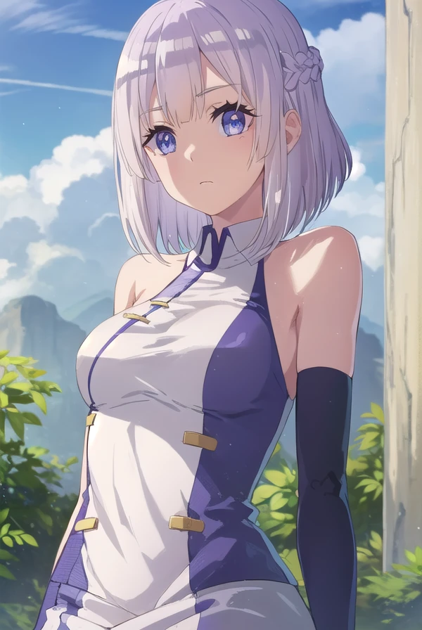 farmingisekaihakuren, <lora:farming isekai hakuren s1-lora-nochekaiser:1>,
hakuren, short hair, (purple eyes:1.1), braid, grey hair,
BREAK gloves, bare shoulders, sleeveless, black gloves, elbow gloves, chinese clothes,
BREAK outdoors, farm, crops, plants, trees, grass, sun, sky, clouds,
BREAK looking at viewer, (cowboy shot:1.5)
BREAK <lyco:GoodHands-beta2:1>, (masterpiece:1.2), best quality, high resolution, unity 8k wallpaper, (illustration:0.8), (beautiful detailed eyes:1.6), extremely detailed face, perfect lighting, extremely detailed CG, (perfect hands, perfect anatomy),