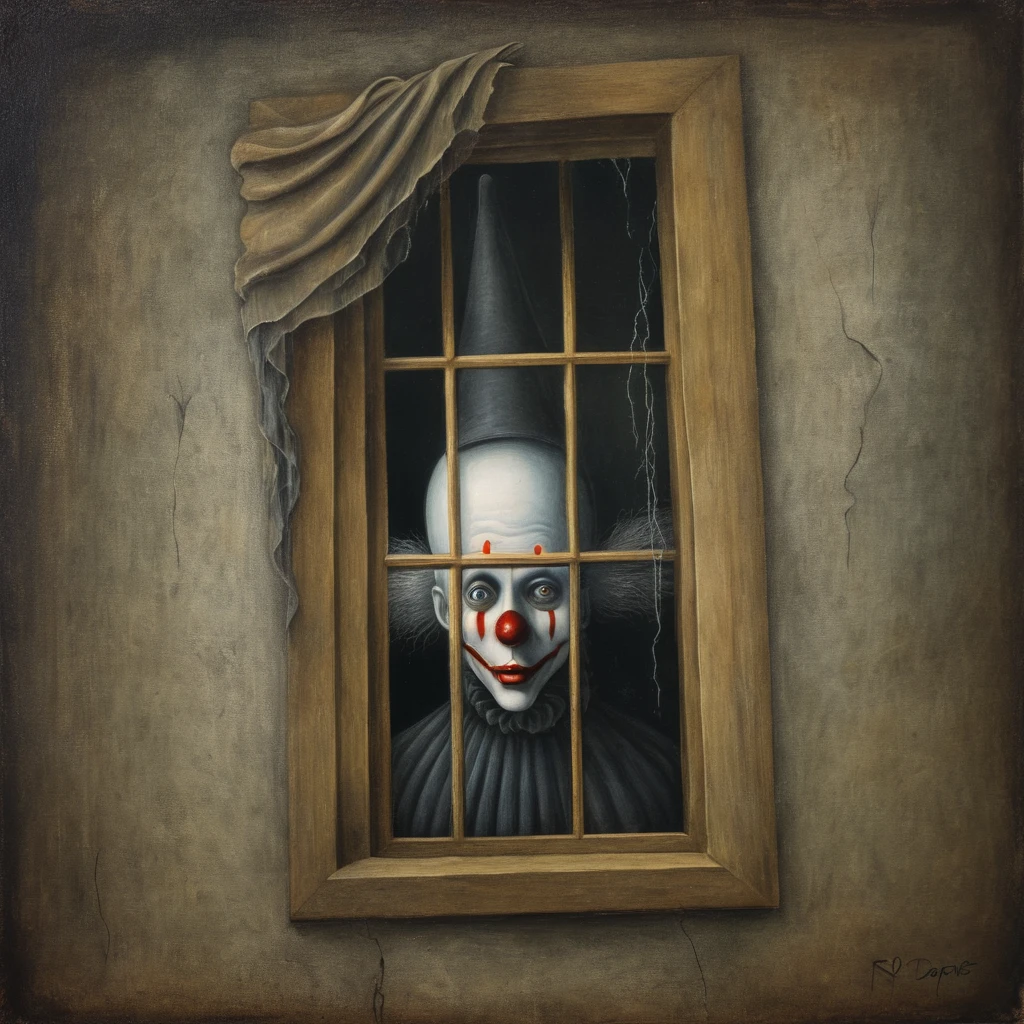 (((Old oil Painting by R3m3diosVaro ,surrealism:1,terror (theme),surreal:1))),scary clown looking through your window
