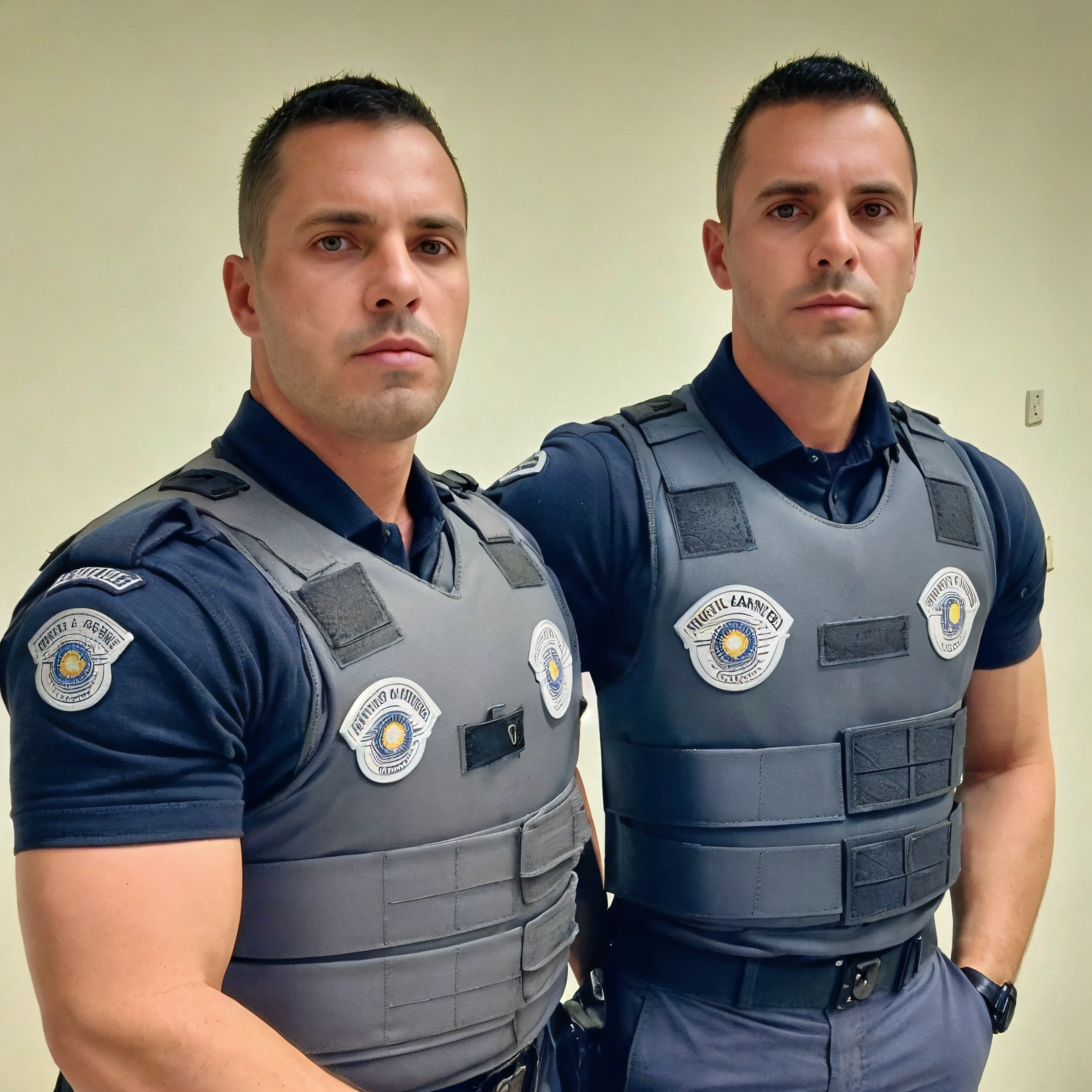 <lora:PoliciaMB_V2:0.75>, 2boys, badge, bulletproof vest, looking at viewer, male, male focus, manly, photo background, police, police in uniform, policial, policiamb v2, short sleeves, simple background, standing, uniform, brazilian uniform police,