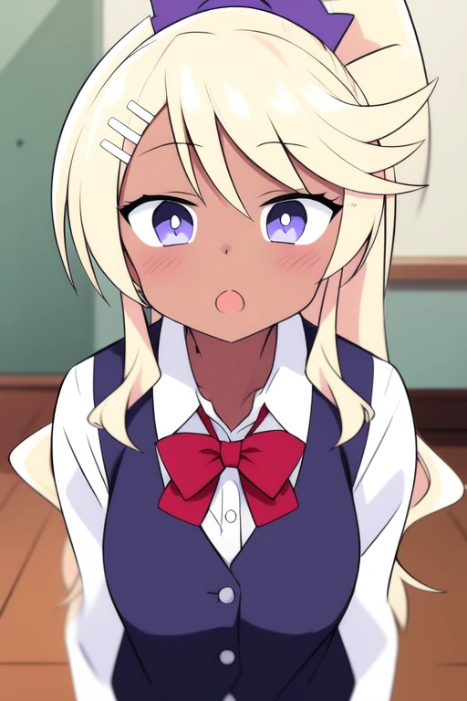 <lora:Tanaka_Ryouko:1>, TanakaRyouko, 1girl, solo, hair ornament, bow, dark-skinned female, blue eyes, scrunchie, looking at viewer, ponytail, :o, upper body, bowtie, shirt, red bow, hair scrunchie, white shirt, vest, purple eyes, gyaru, open mouth,
masterpiece, high quality, very_high_resolution, large_filesize, full color,
