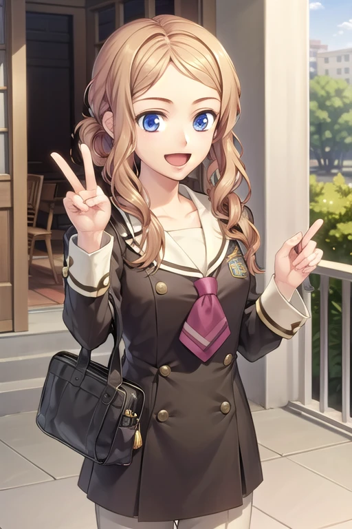corda nami-1, school uniform, blue eyes, brown hair, smile, 1girl, solo, open mouth