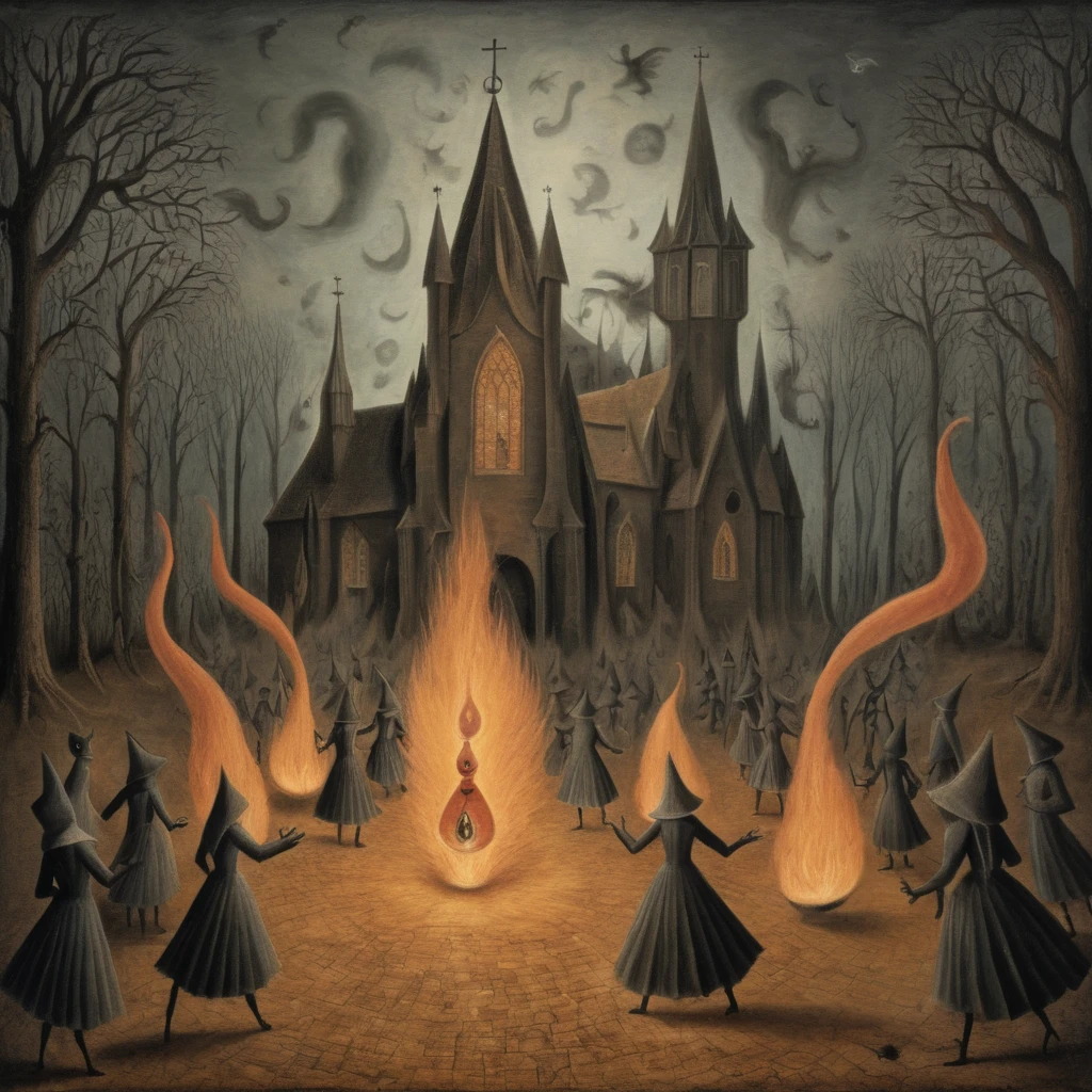 (((Old oil Painting by R3m3diosVaro ,surrealism:1,terror (theme),surreal:1))),a party on the church,dancing ,happy,embers,detailed