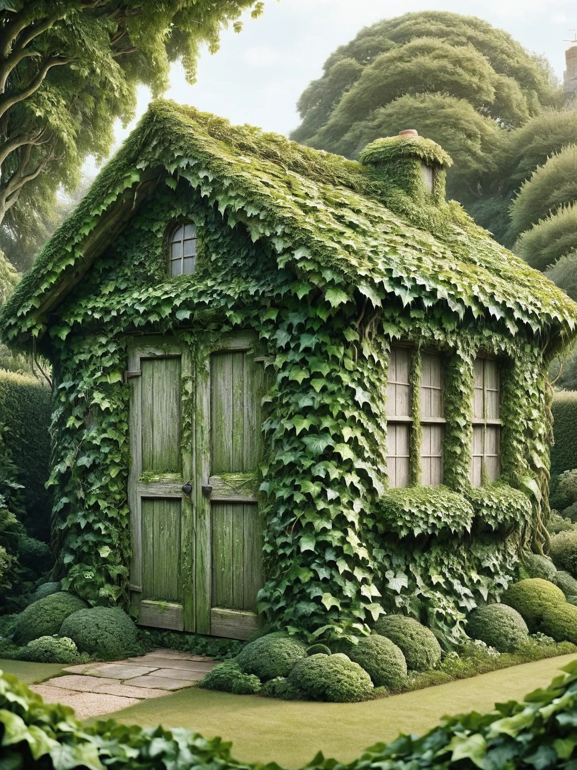 A weathered garden shed, reclaimed by a lush coat of ais-ivy <lora:ais-ivy-sdxl:1>