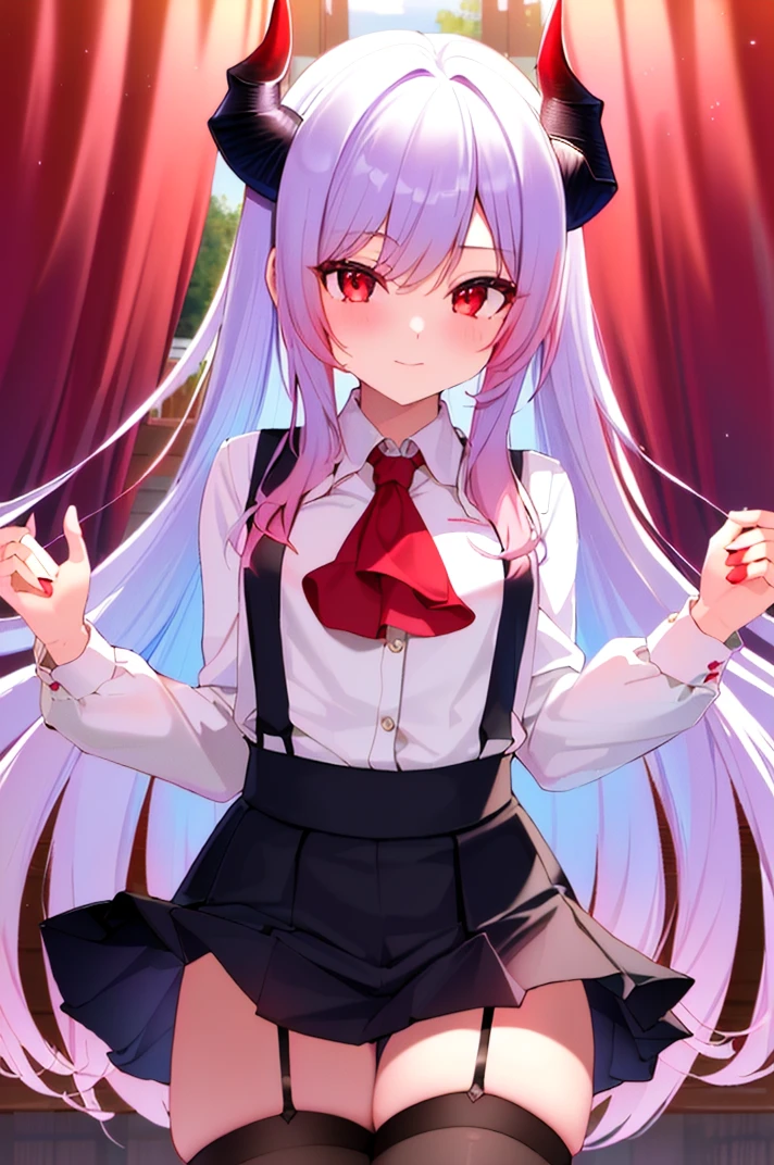 (best quality, masterpiece, hires), <lora:Arco_-_Marco_and_the_Galaxy_Dragon:0.8>, Arco, 1girl, lilac hair, dip dye, red eyes, horns, skirt, suspender skirt, ascot, red ascot, black thighhighs, thighhighs, garter straps, cowboy shot