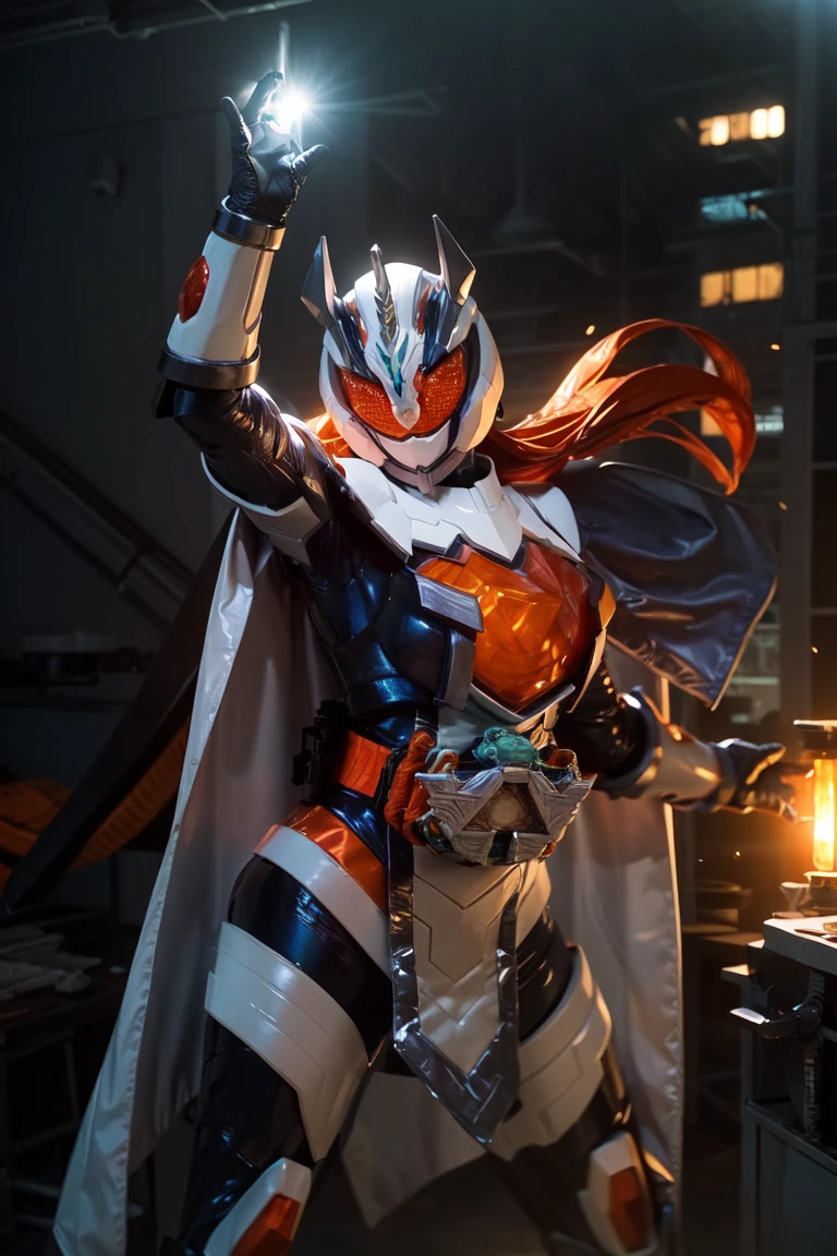 majade, solo, 1girl, mature female, perfect female body, narrow waist,wide hip,gloves, female focus, bodysuit, helmet, glowing eyes, orange eyes,orange hair,long hair, boots, cape,tokusatsu, kamen rider,rider belt, unicorn,horns, white armor,orange breastplate,white ring,pelvic curtain,full body shot,cape,standing, floating,casting magic,telekinesis, ((floating objects)),arm raised, outstretched arms, on rooftop,city background, hdr,bokeh,depth of field,night, <lora:majade:0.8>