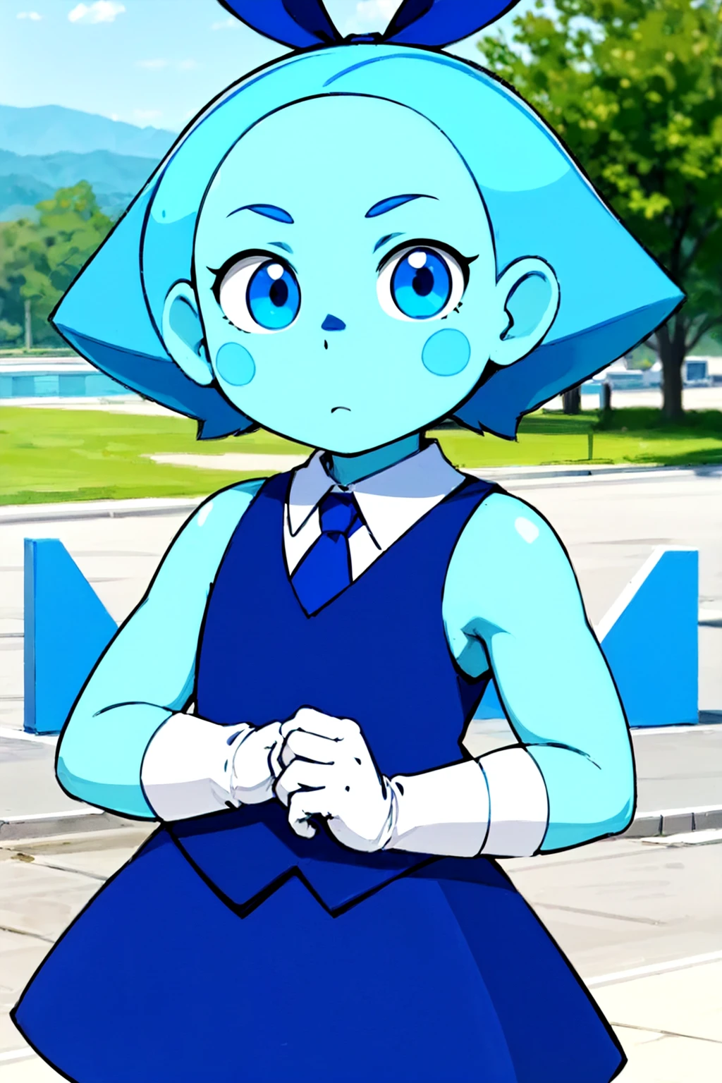 < aquam, blue hair, , 1girl, solo, hair bow, blue skin, sleeveless, white gloves, blue skirt,blue cirno, blue eyes, looking at viewer, short hair, blue footwear,outdoors,upper body, <lora:aquamarine4:0.7>