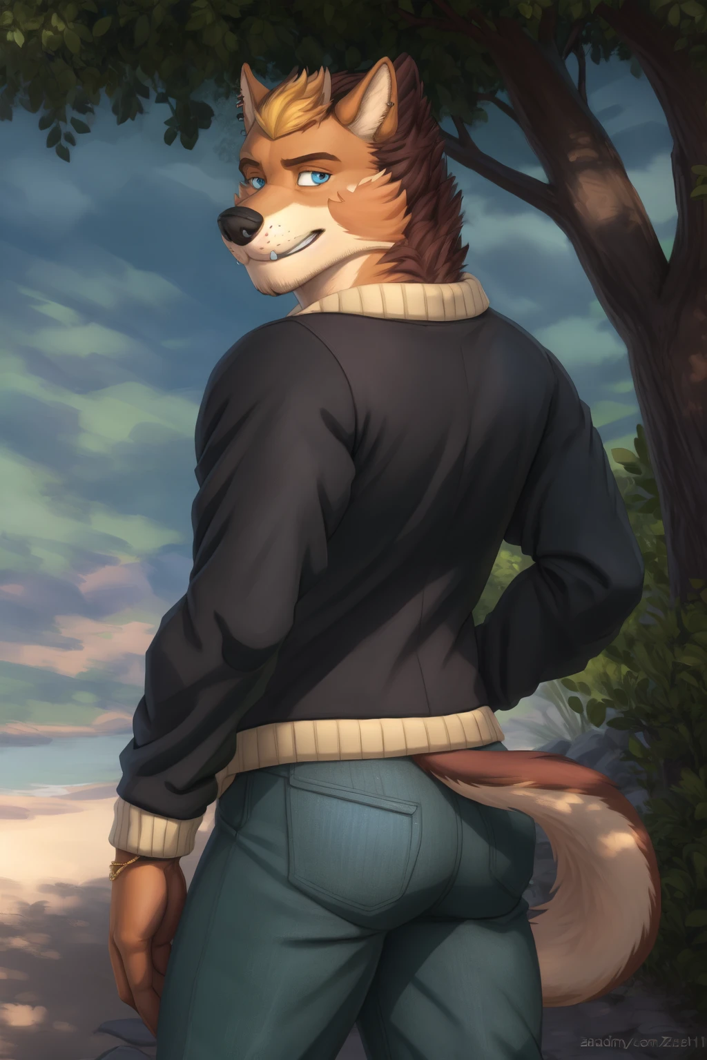 By chelodoy, by zaush, by bebebebebe, by spuydjeks, by meesh, by bigcozyorca, solo, standing, male, muscular, sweater, ((hair, snout)), sneering, wincing, cringing, looking down at viewer, (veiny detailed penis, throbbing), sweaty balls, dramatic lighting, outside during autumn, hands in pockets, jacket, bottomless