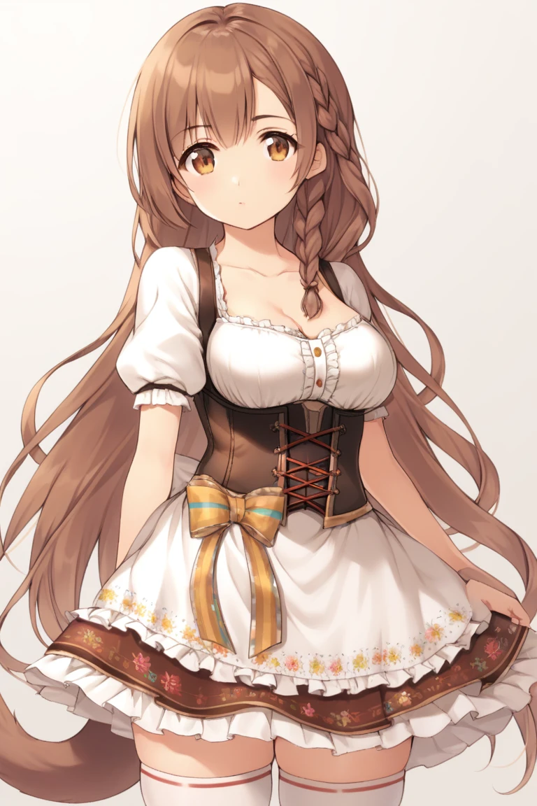 dirndl,  bow,  shirt,  thighhighs,  tail,  brown hair,  braid,  cowboy shot,  corset,  very long hair,  upper body,<lora:EMS-294816-EMS:0.700000>