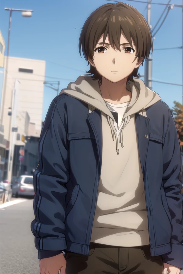 rentaroufutaba, <lora:rentarou futaba s1-lora-nochekaiser:1>,
rentarou futaba, short hair, brown hair, (brown eyes:1.5), male focus,
BREAK long sleeves, jacket, open clothes, hood, open jacket, hoodie, hood down,
BREAK outdoors, city,
BREAK looking at viewer, (cowboy shot:1.5)
BREAK <lyco:GoodHands-beta2:1>, (masterpiece:1.2), best quality, high resolution, unity 8k wallpaper, (illustration:0.8), (beautiful detailed eyes:1.6), extremely detailed face, perfect lighting, extremely detailed CG, (perfect hands, perfect anatomy),