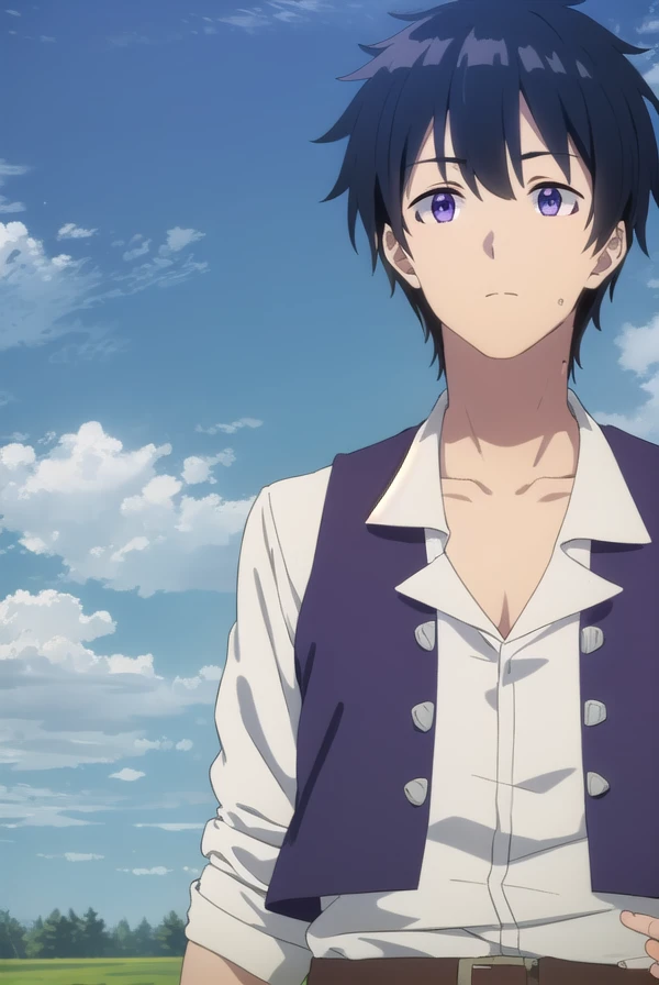 hirakumachio, <lora:hiraku machio s1-lora-nochekaiser:1>,
hiraku machio, black hair, hair between eyes, blue hair, (purple eyes:1.1), male focus,
BREAK shirt, white shirt, belt, vest, sleeves rolled up,
BREAK outdoors, farm, crops, plants, trees, grass, sun, sky, clouds,
BREAK looking at viewer, (cowboy shot:1.5)
BREAK <lyco:GoodHands-beta2:1>, (masterpiece:1.2), best quality, high resolution, unity 8k wallpaper, (illustration:0.8), (beautiful detailed eyes:1.6), extremely detailed face, perfect lighting, extremely detailed CG, (perfect hands, perfect anatomy),