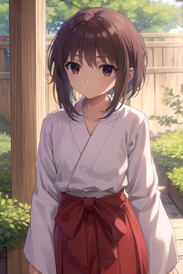 kaorukosumirekoichijou, <lora:kaoruko sumireko ichijou s1-lora-nochekaiser:1>,
kaoruko sumireko ichijou, brown hair, (brown eyes:1.5), smile,
BREAK skirt, long sleeves, japanese clothes, hakama, hakama skirt, miko, red hakama,
BREAK outdoors, shrine,
BREAK looking at viewer, (cowboy shot:1.5)
BREAK <lyco:GoodHands-beta2:1>, (masterpiece:1.2), best quality, high resolution, unity 8k wallpaper, (illustration:0.8), (beautiful detailed eyes:1.6), extremely detailed face, perfect lighting, extremely detailed CG, (perfect hands, perfect anatomy),