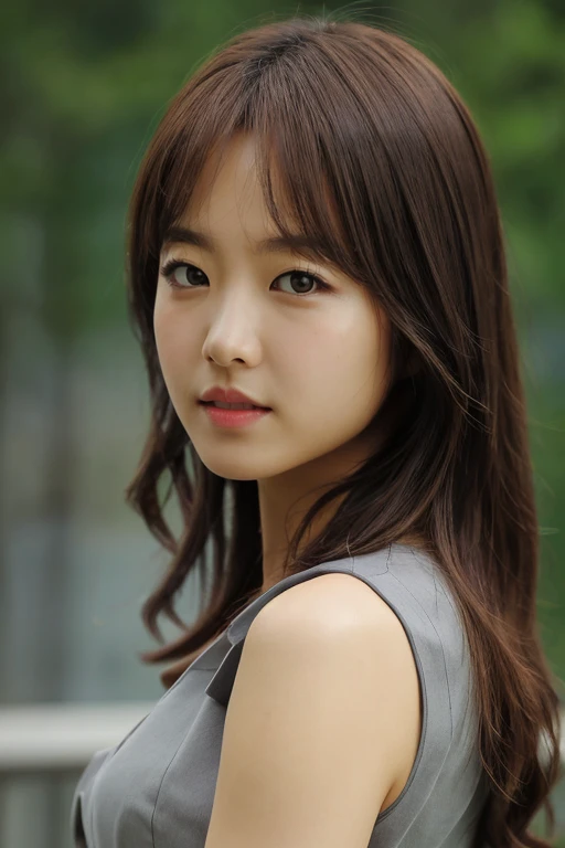 masterpiece, best quality, ultra-detailed, ultra high res, (photorealistic:1.4), raw photo, (realistic:0.2), 8k HDR, 1girl, solo, (looking at viewer), realistic lighting, asymmetrical hair, (detailed skin), (detailed face), (simple gray background :1.1), (upper body:1.5), simple dress, sleeveless,