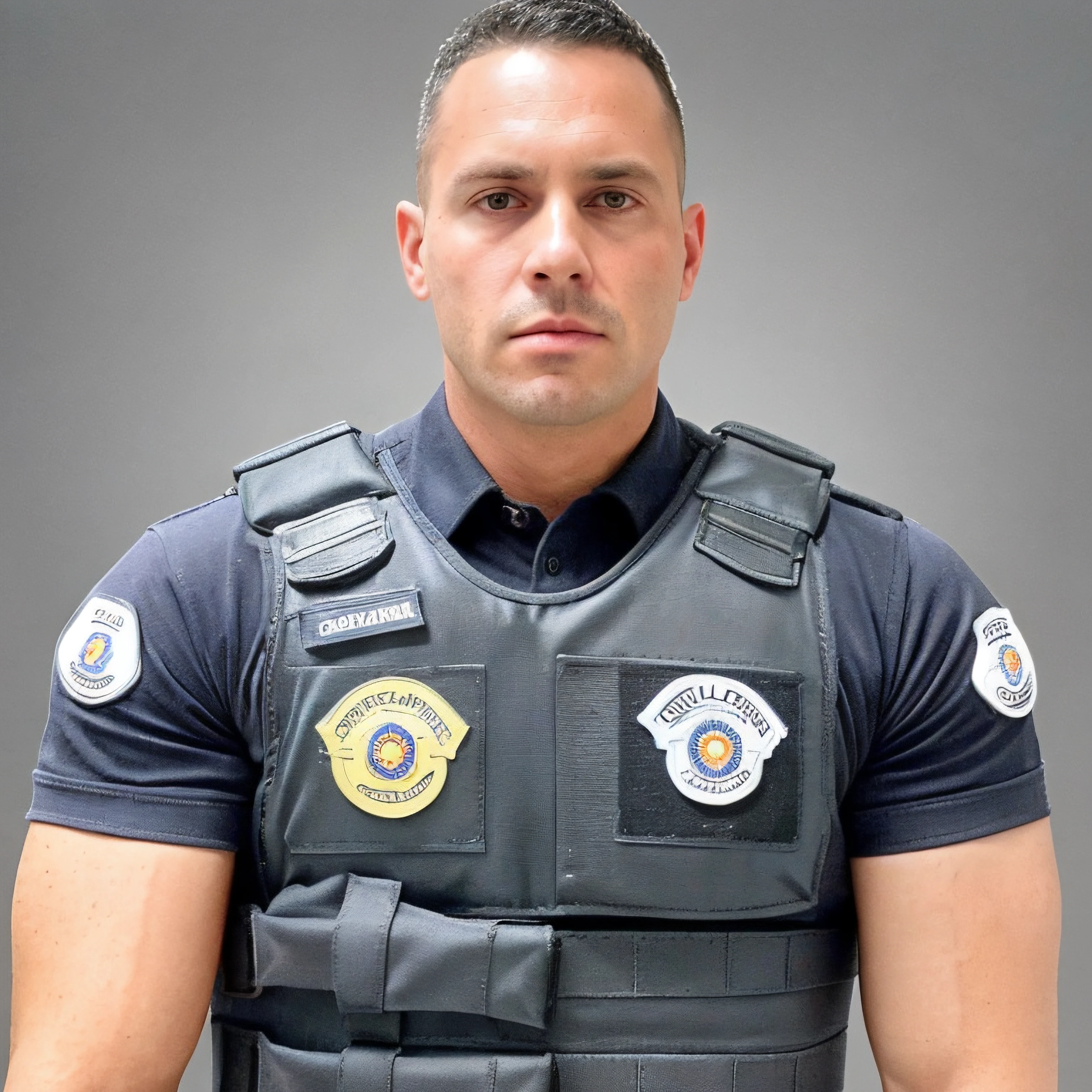 <lora:PoliciaMB_V2:0.65>, badge, bulletproof vest, looking at viewer, male, male focus, manly, photo background, police, police in uniform, policial, policiamb v2, short sleeves, simple background, standing, uniform, brazilian police,