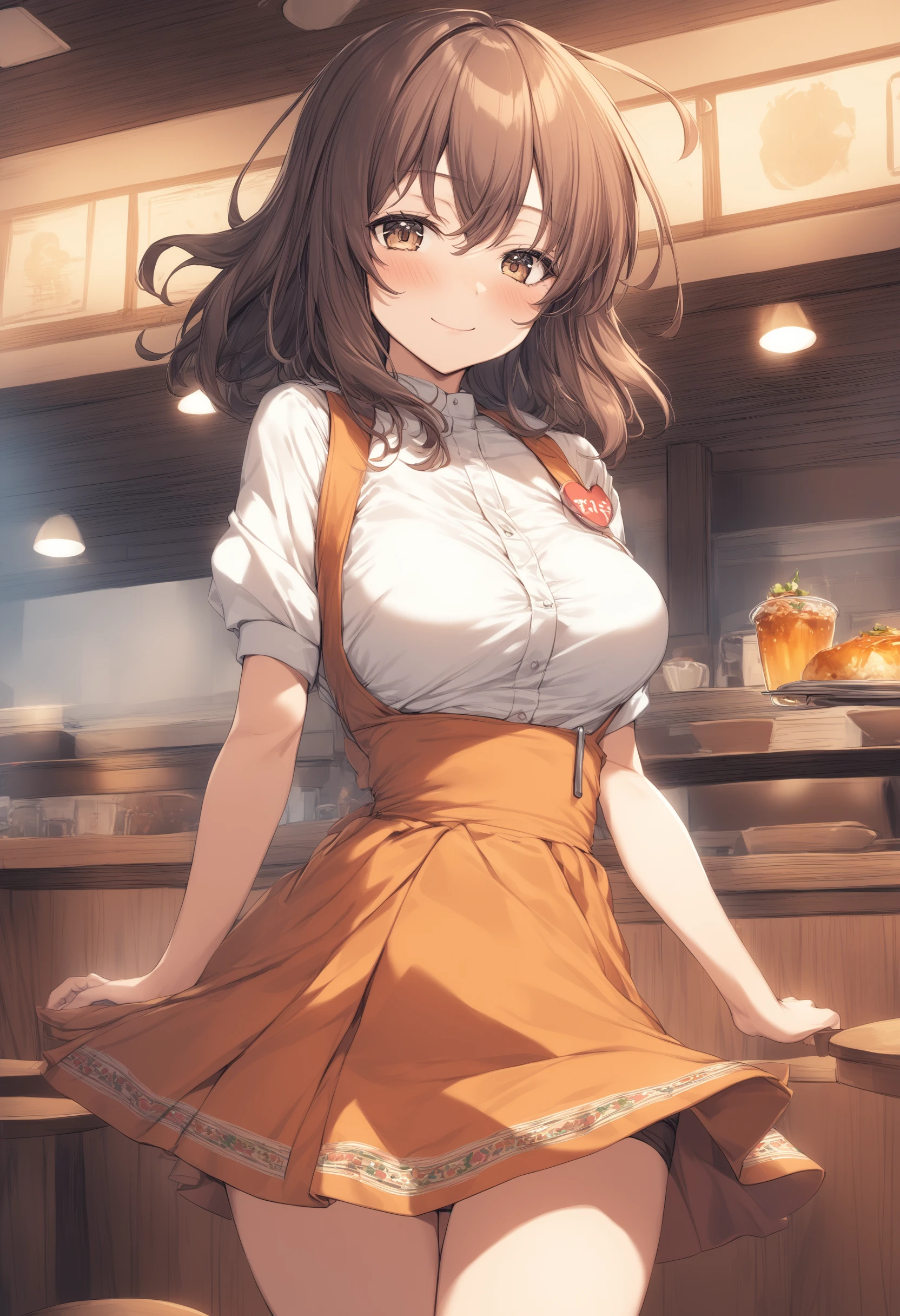 mastute piece,Best Quality,insanely detailed,8k cg,nsfw,
shoot upper body,(body in front:1.1),
1girl,standing,looking at viewer,Proudly、(upright),(orange waitress costume)
break,blush,shy,(trembling:1.2),break,(Brown Hair),(large breasts:1.3),Short:1.2、(open mouth:0.9),(Coffee shop),