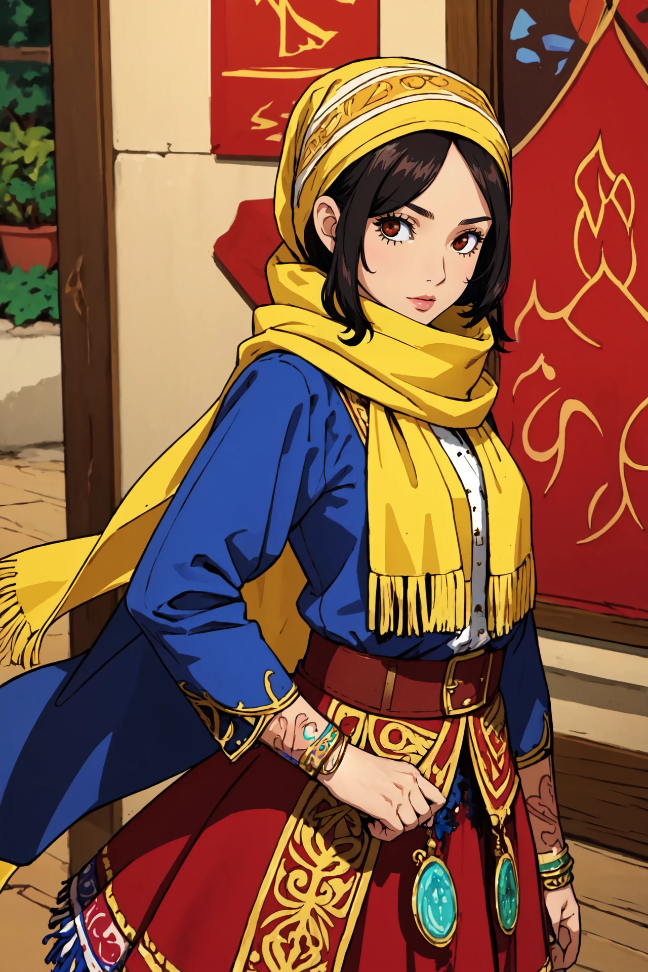 (best quality:1.2), (intricate details), (looking at viewer:1.5), flat cheat, 25 years old girl, (Hispanic:1.3), (tan skin-dark:1.3), black hair,, Gypsy, Flowing garments, mystical accessories, headscarf, vibrant skirts, scarves, coin belts, embroidered blouses,