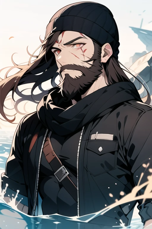 <lora:jeezo-10:1> jeezo, facial hair, white powers, shitless, scars on body, blood rising from water, white glowing eyes, masterpiece, best quality