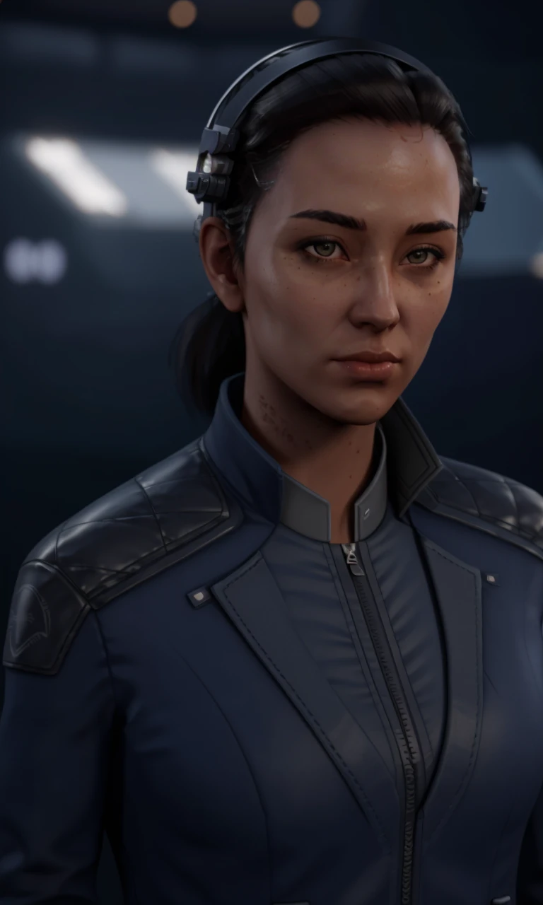 maekohayes2024, 1girl, photorealistic, 8k, uhd, masterpiece, detailed skin, skin pores, intricate, depth of field, full body, raw image, command deck, science fiction, blue jacket,